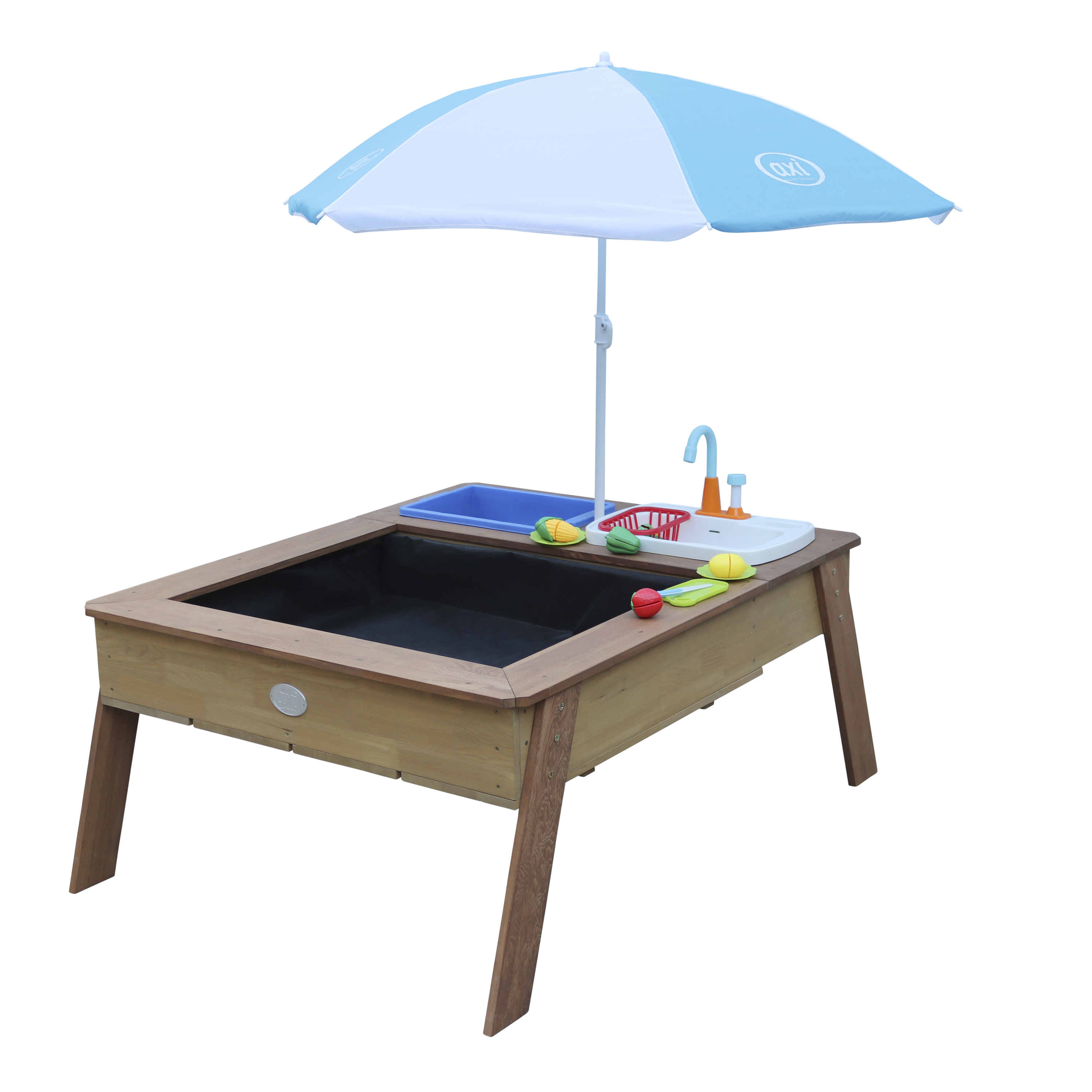 AXI Linda Sand & Water Table with Play Kitchen Sink Brown - Umbrella Blue/White
