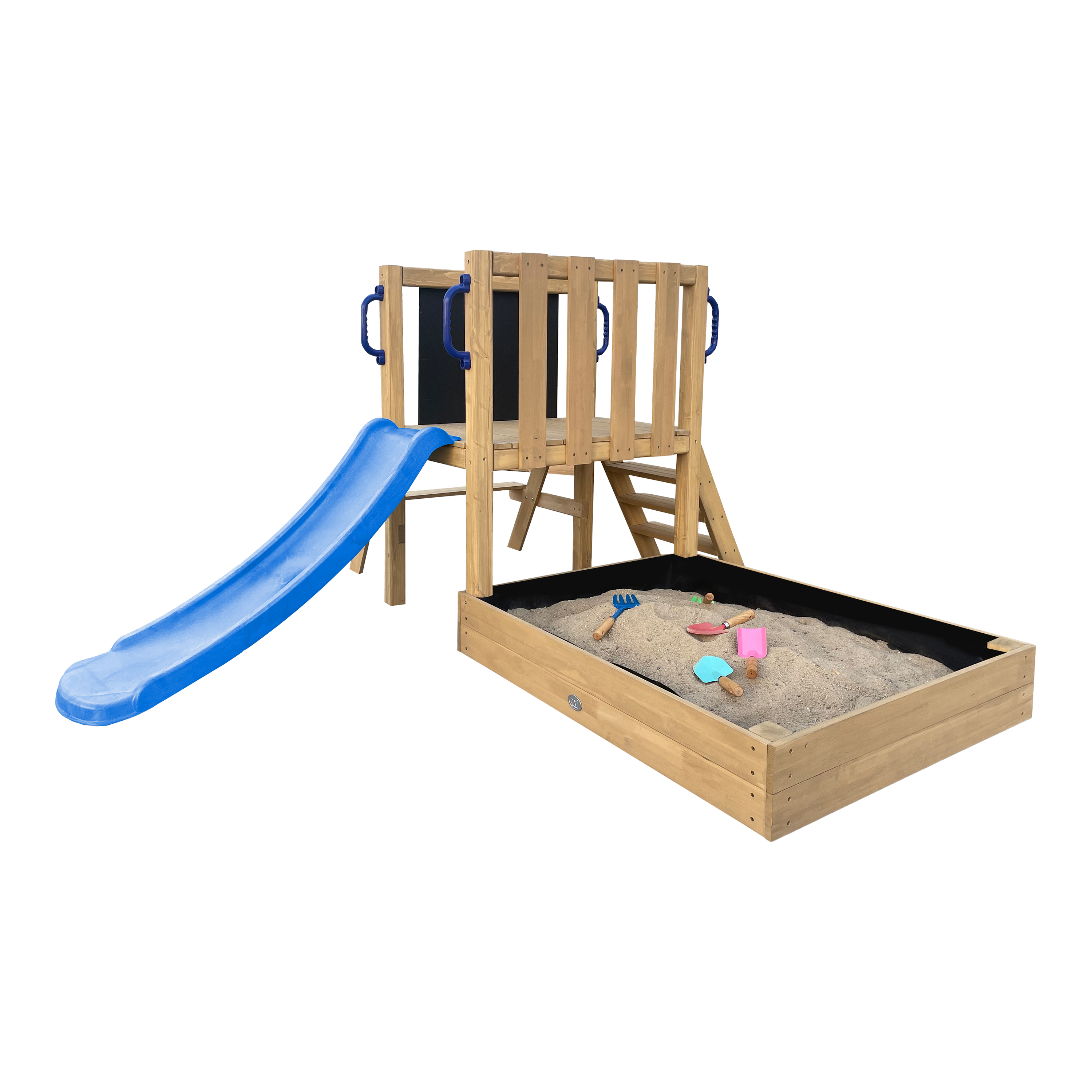 AXI Leah Mini Wooden Playtower with Sandbox. Picnic Table & Chalkboard – Blue Slide 