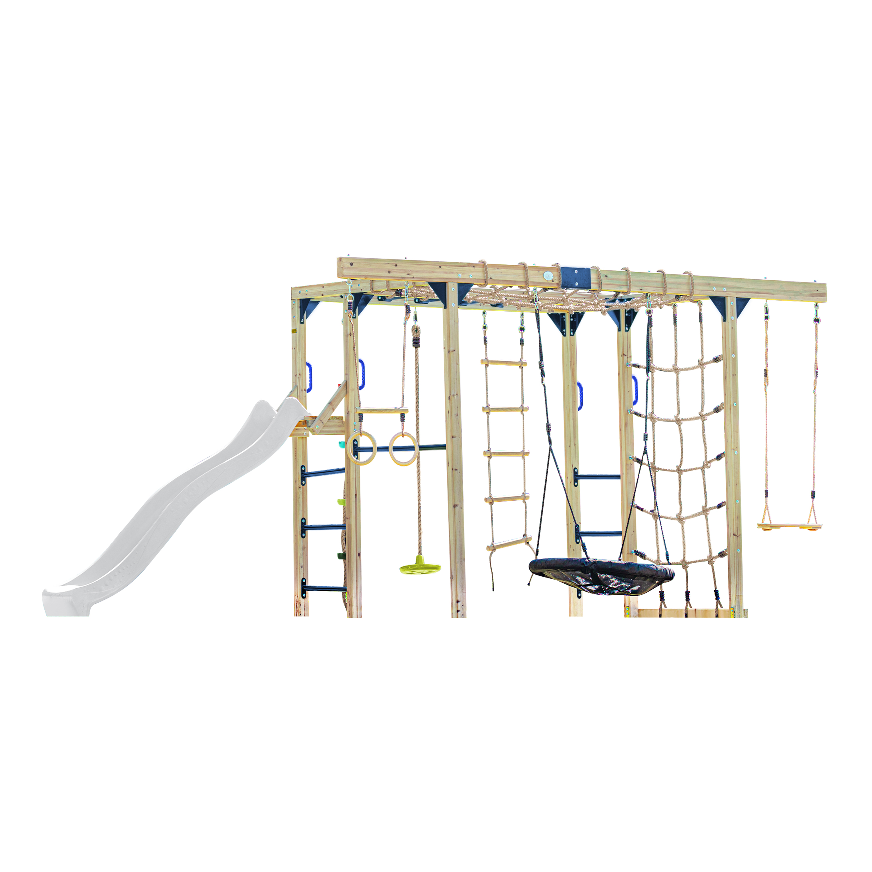 AXI Boris Wooden Playcentre with Swings, Trapeze, Climbing Nets and Monkey Bars – White Slide-8720365066689 AXI Boris Wooden Playcentre with Swings, Trapeze, Climbing Nets and Monkey Bars – White Slide