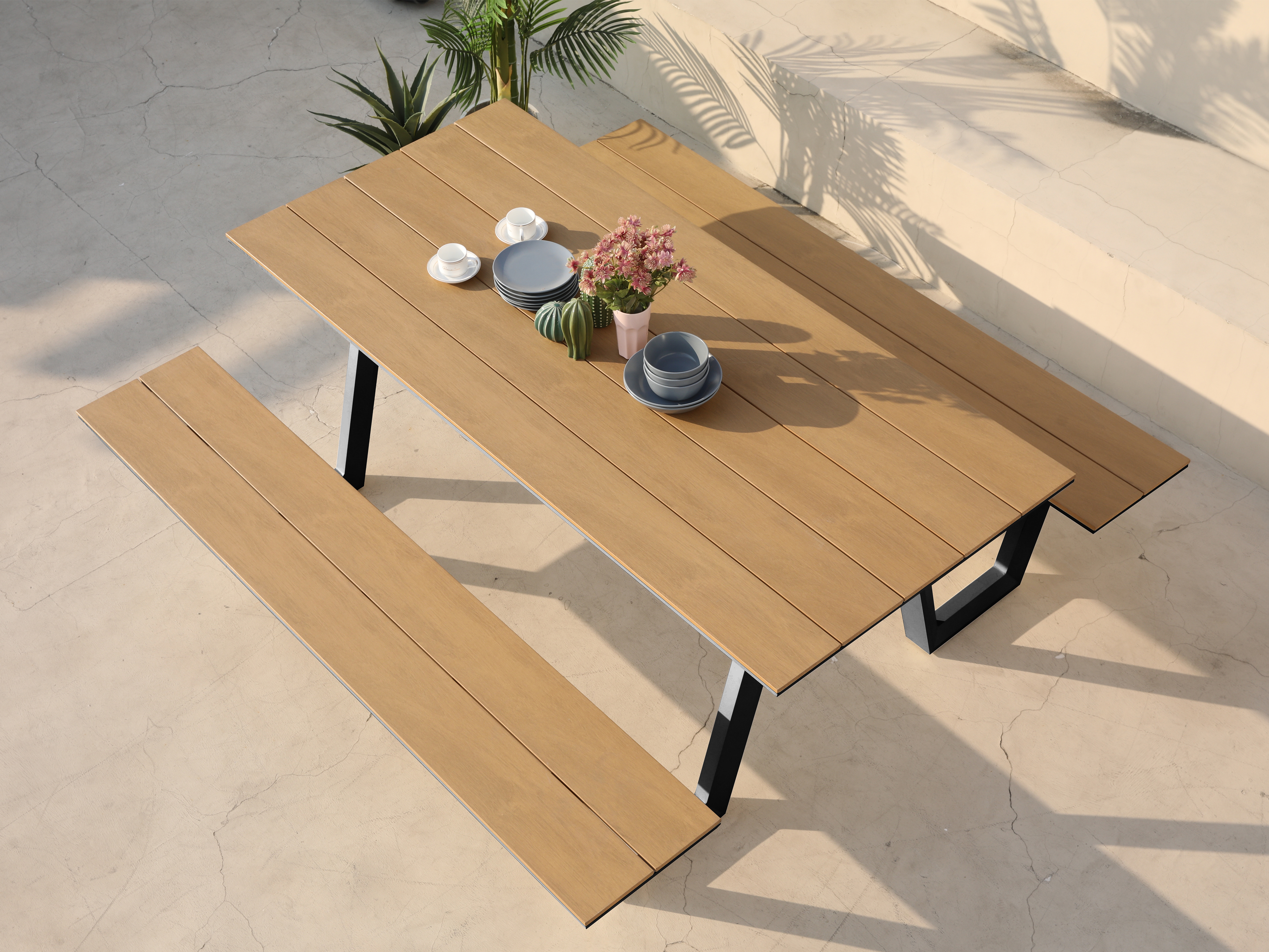 AXI Nori Picnic Table with 2 Benches Anthracite/Teak-look Polywood