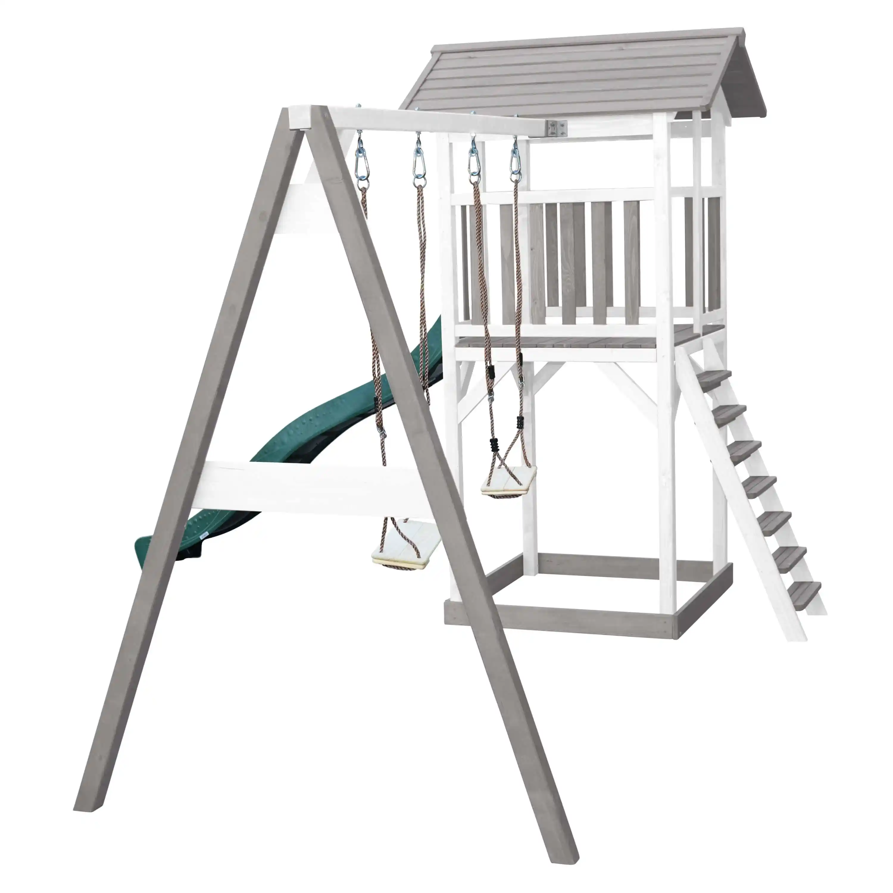 AXI Beach Tower Speeltoren met Dubbele Schommel Grijs/wit - Groene Glijbaan
