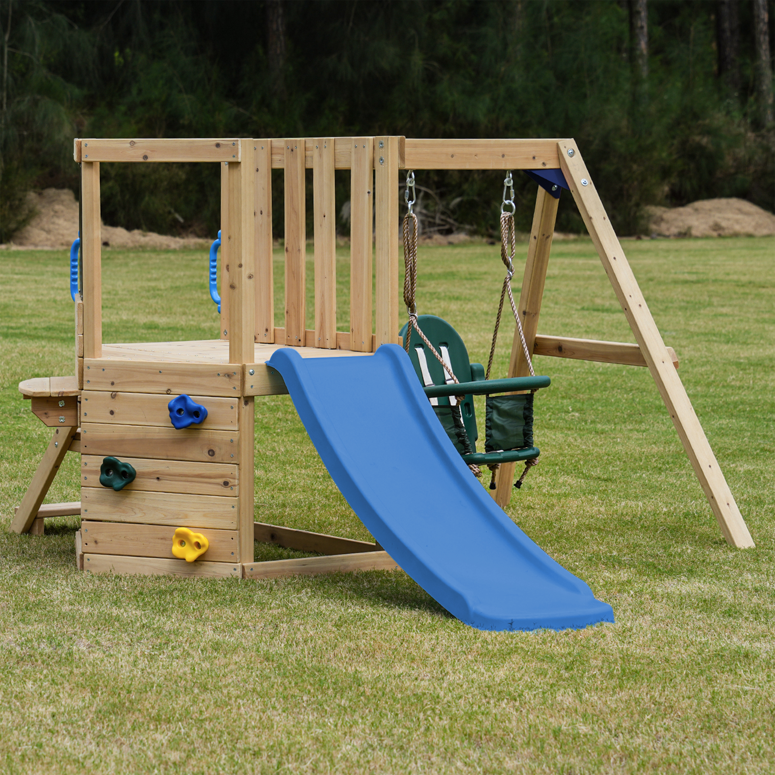 AXI Timo Mini Climbing Frame with Baby Swing. Climbing Wall and Chalkboard – Blue Slide