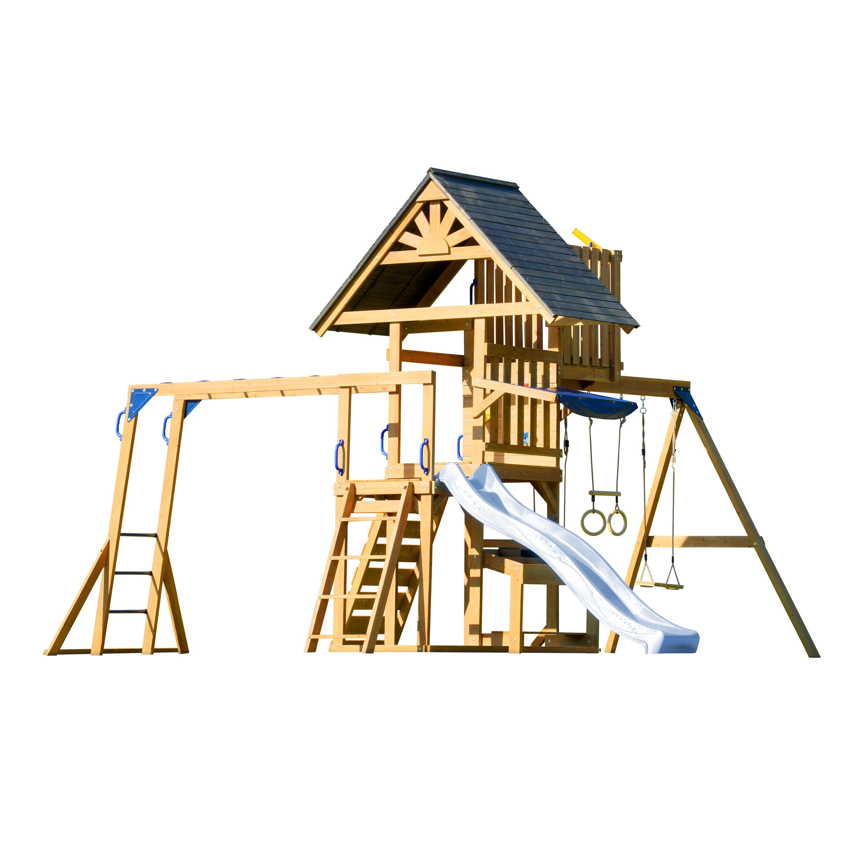 AXI Mitch Climbing Frame with Double Swing, Trapeze and Lookout Tower – Pastel Blue Slide