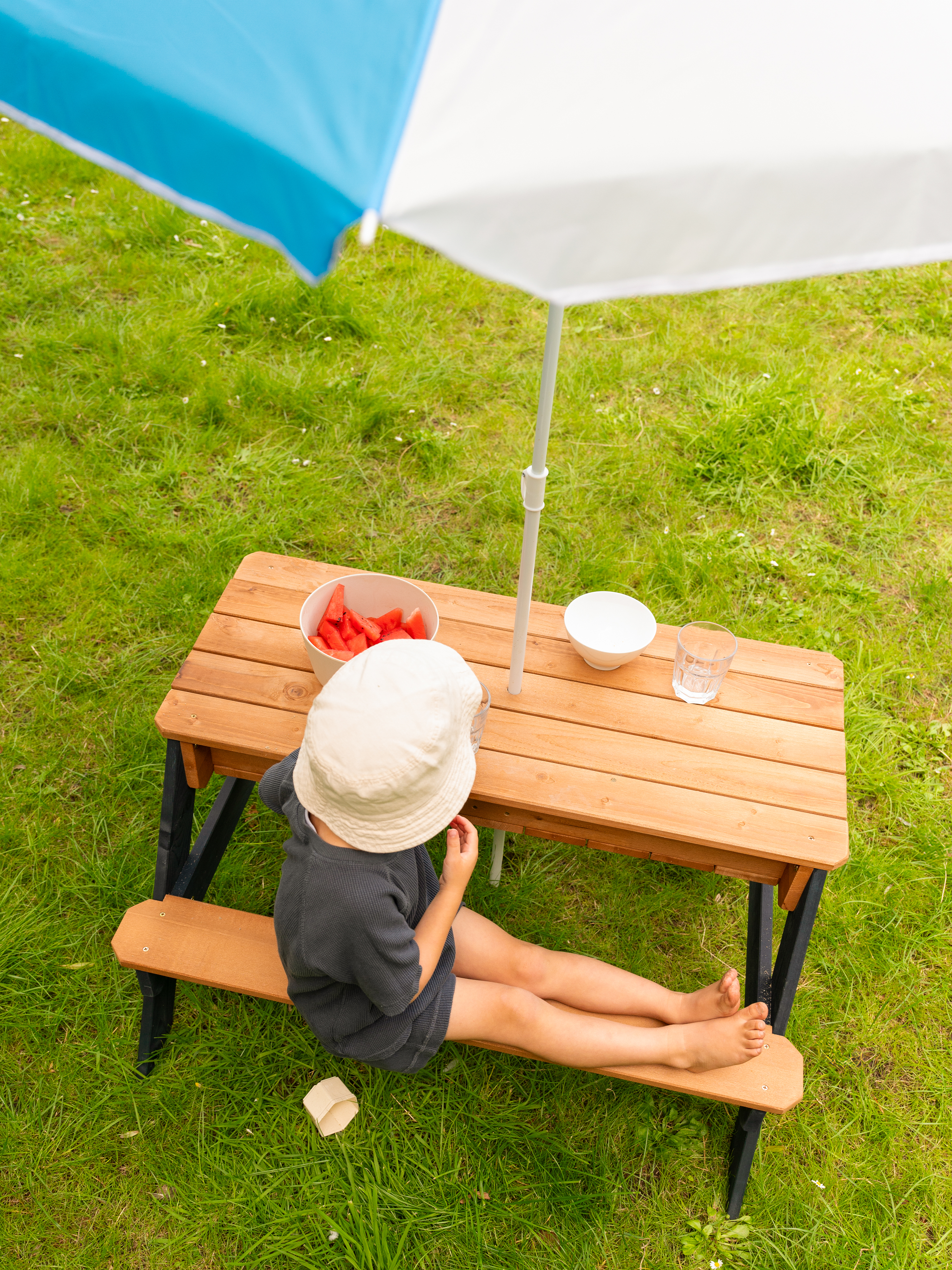 AXI Nick Picknicktafel Antraciet/bruin - Parasol Blauw/wit