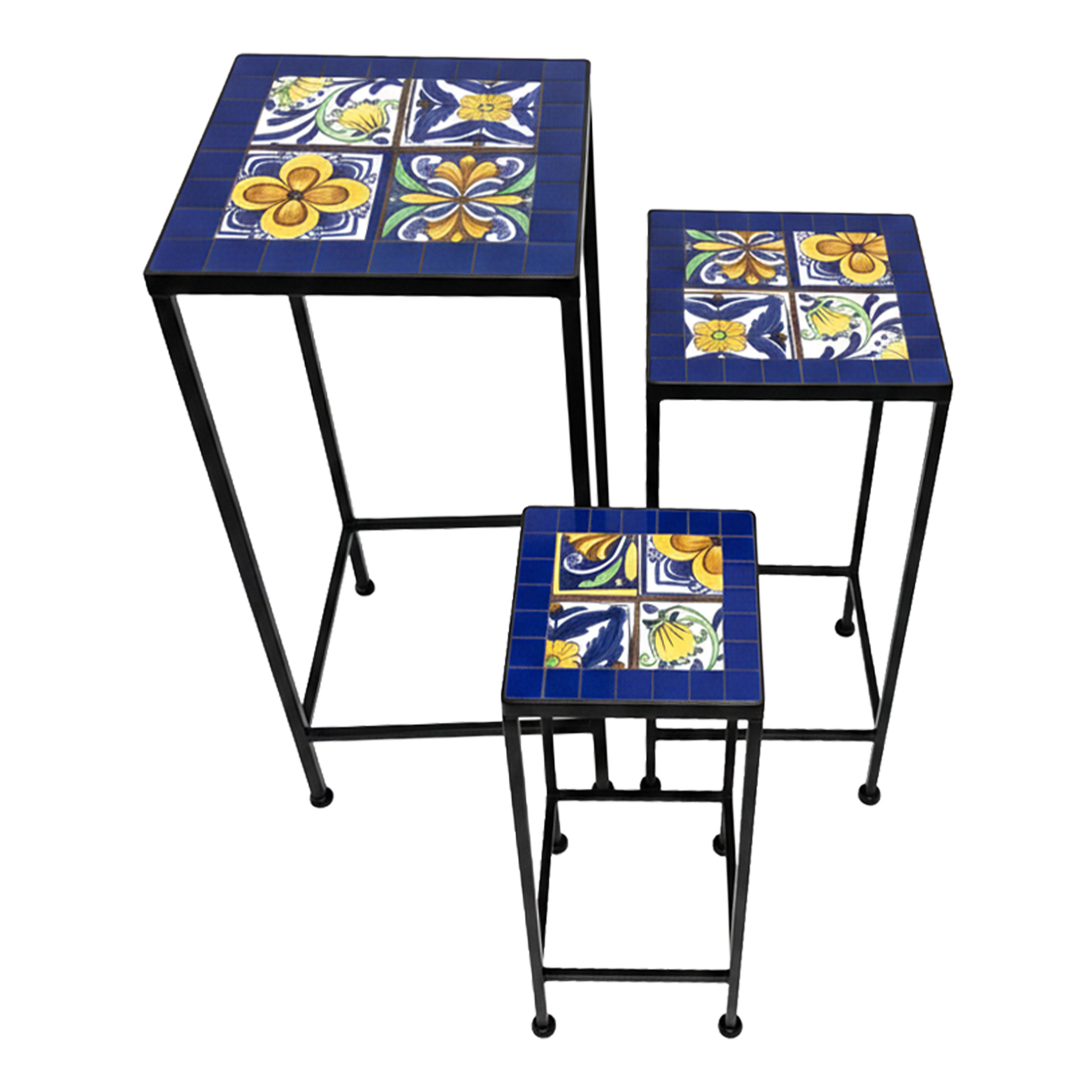 AXI Eline Mosaic Plant Table Square Mediterranean Style – Blue/Yellow – Set of 3