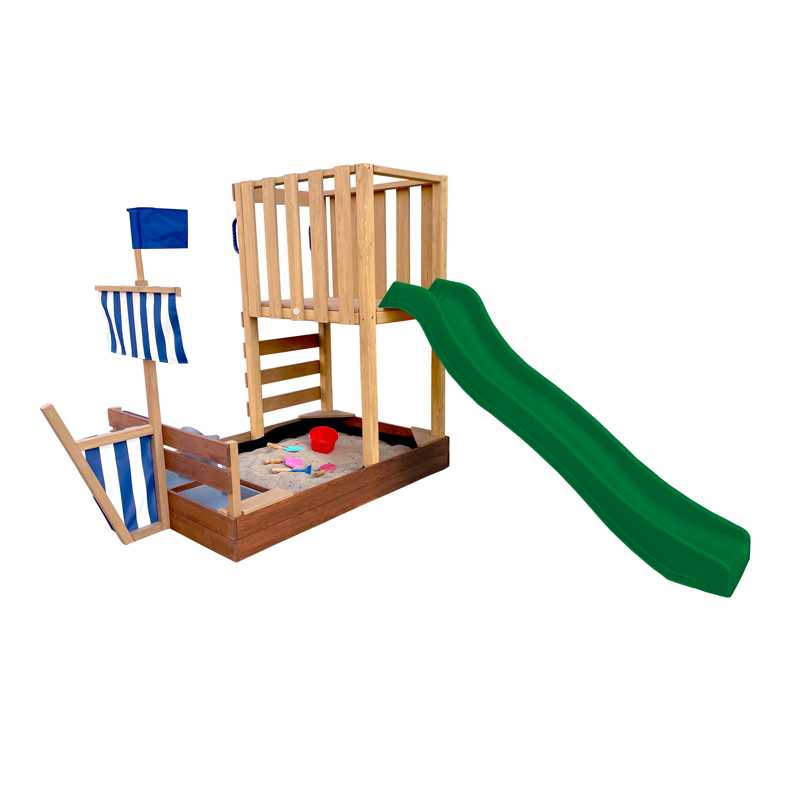 AXI Vicky Climbing Frame with Sandbox. Play Kitchen & Chalkboard – Green Slide