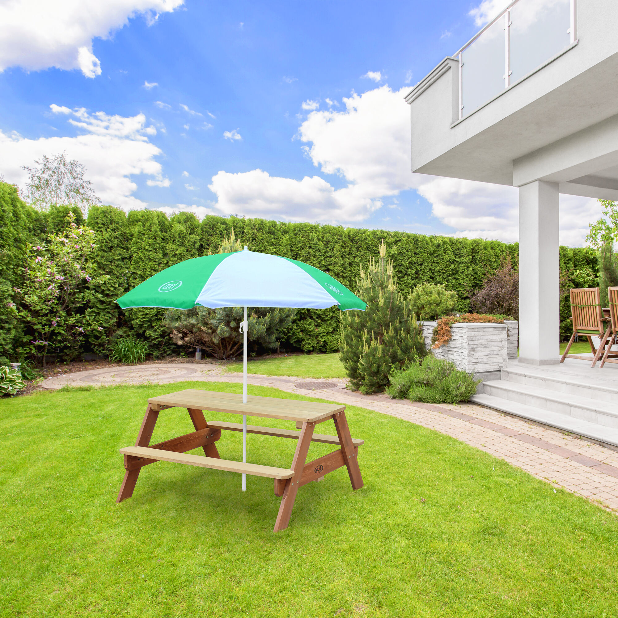 AXI Nick Picknicktafel Bruin - Parasol Groen/wit