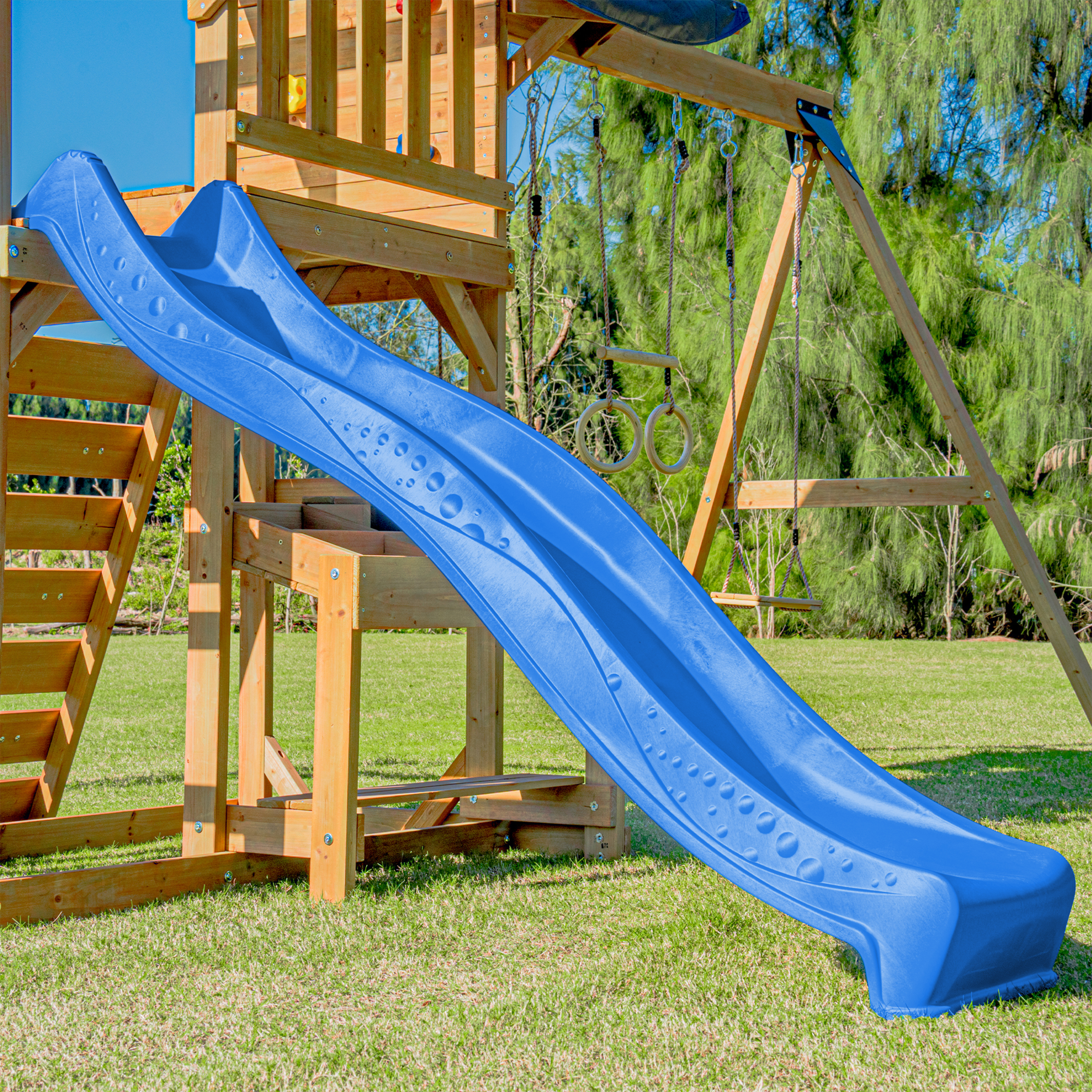 AXI Mitch Climbing Frame with Double Swing, Trapeze and Lookout Tower – Blue Slide