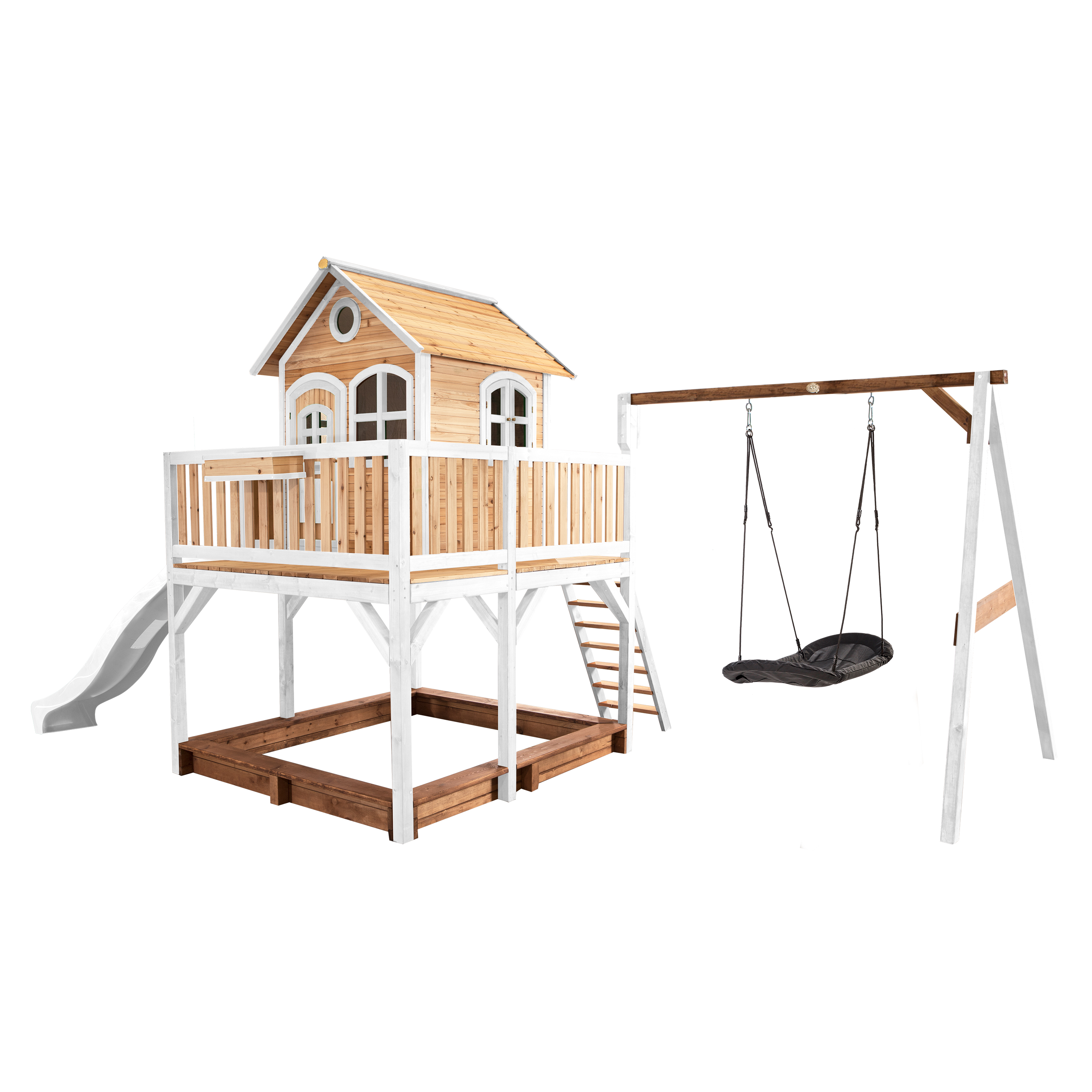 AXI Liam Playhouse with Roxy Nest Swing Set Brown/White - White Slide-8717973936473 AXI Liam Playhouse with Roxy Nest Swing Set Brown/White - White Slide