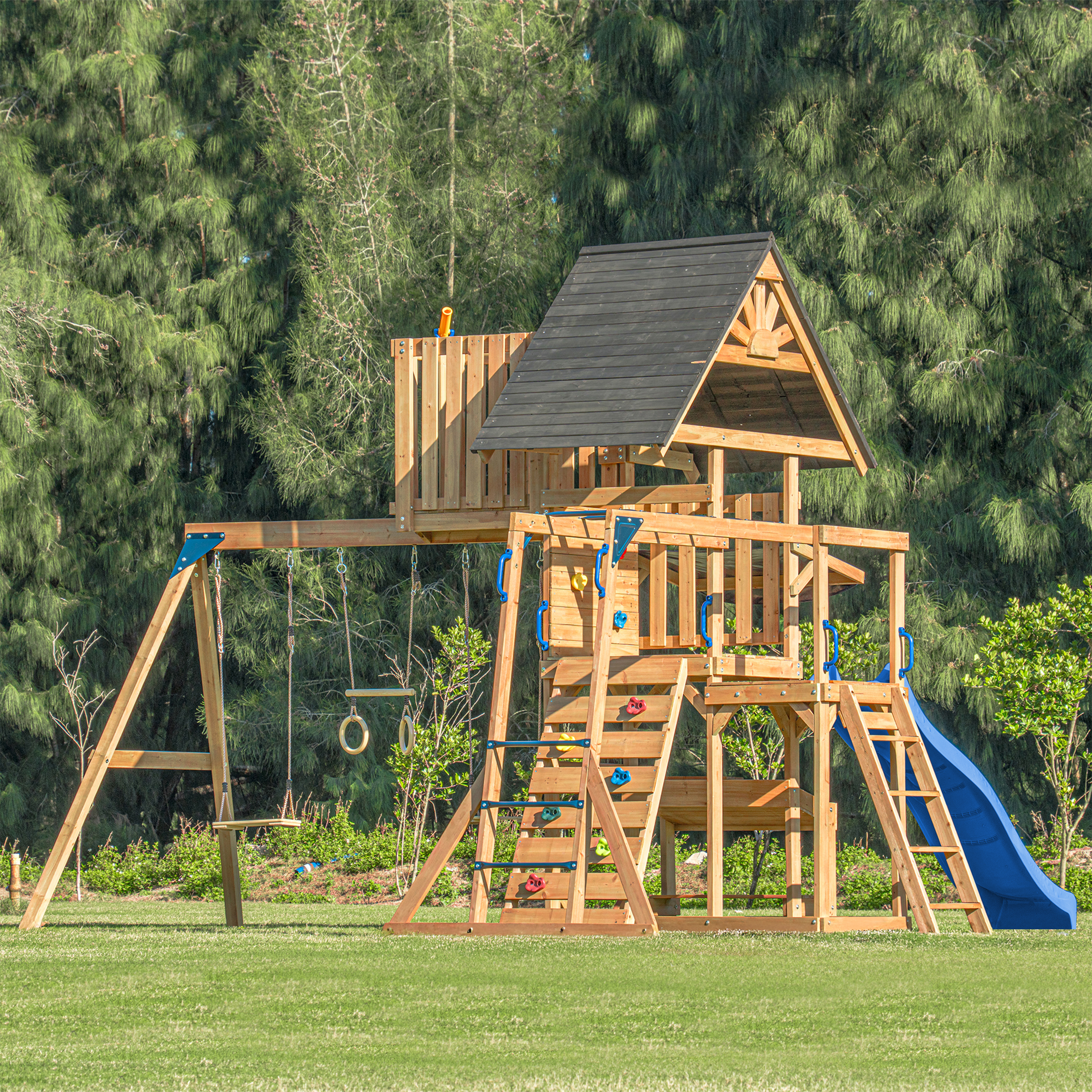 AXI Mitch Climbing Frame with Double Swing, Trapeze and Lookout Tower – Blue Slide