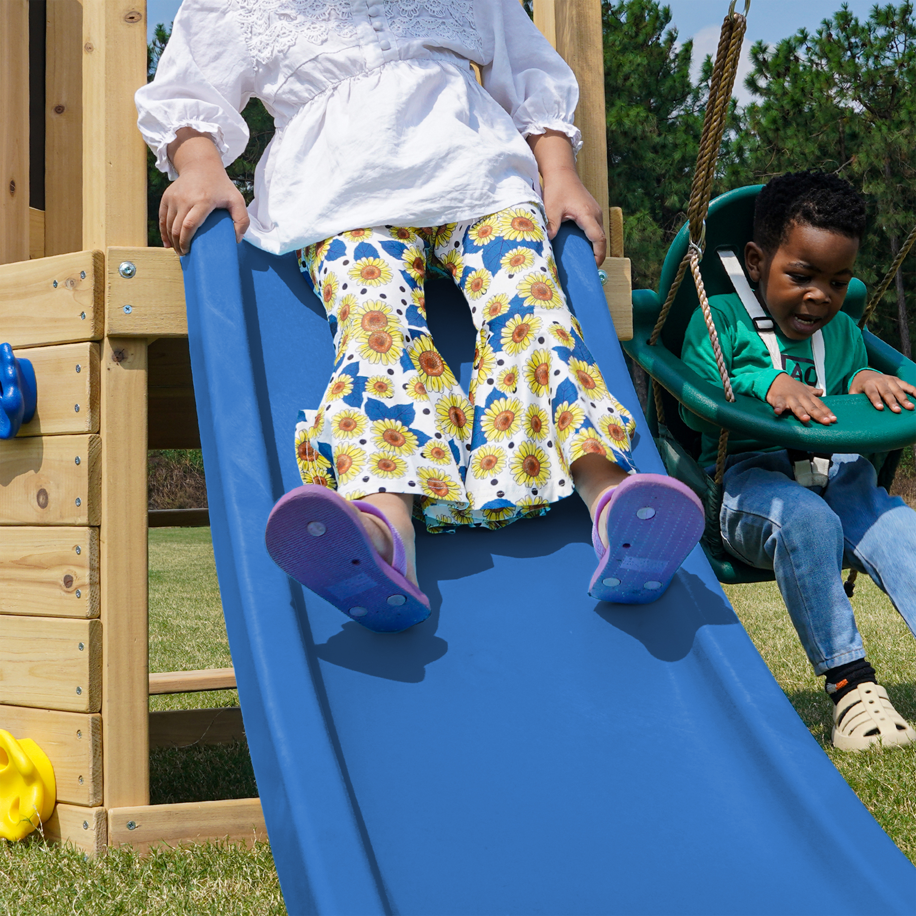 AXI Timo Mini Climbing Frame with Baby Swing. Climbing Wall and Chalkboard – Blue Slide