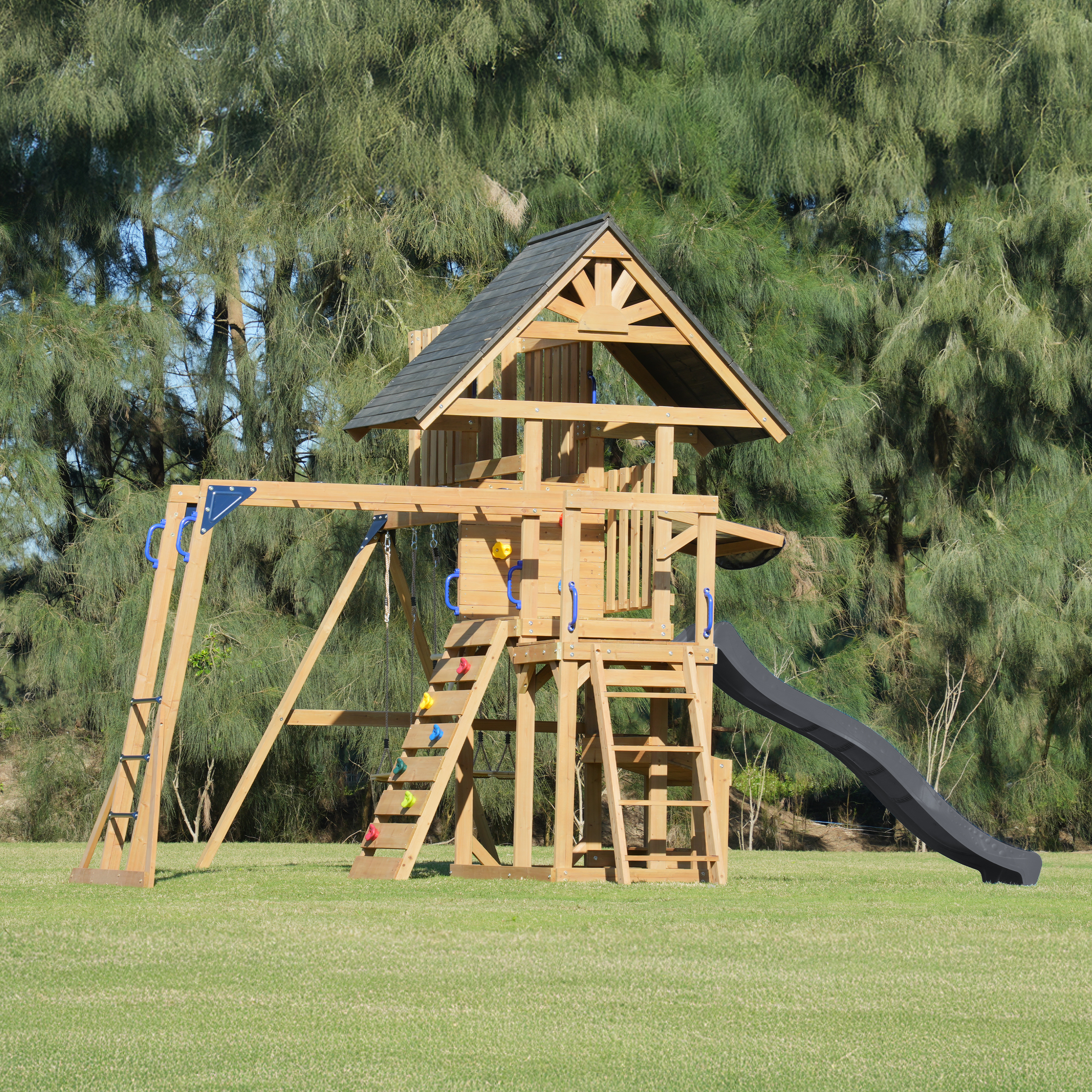 AXI Mitch Climbing Frame with Double Swing. Trapeze and Lookout Tower – Grey Slide