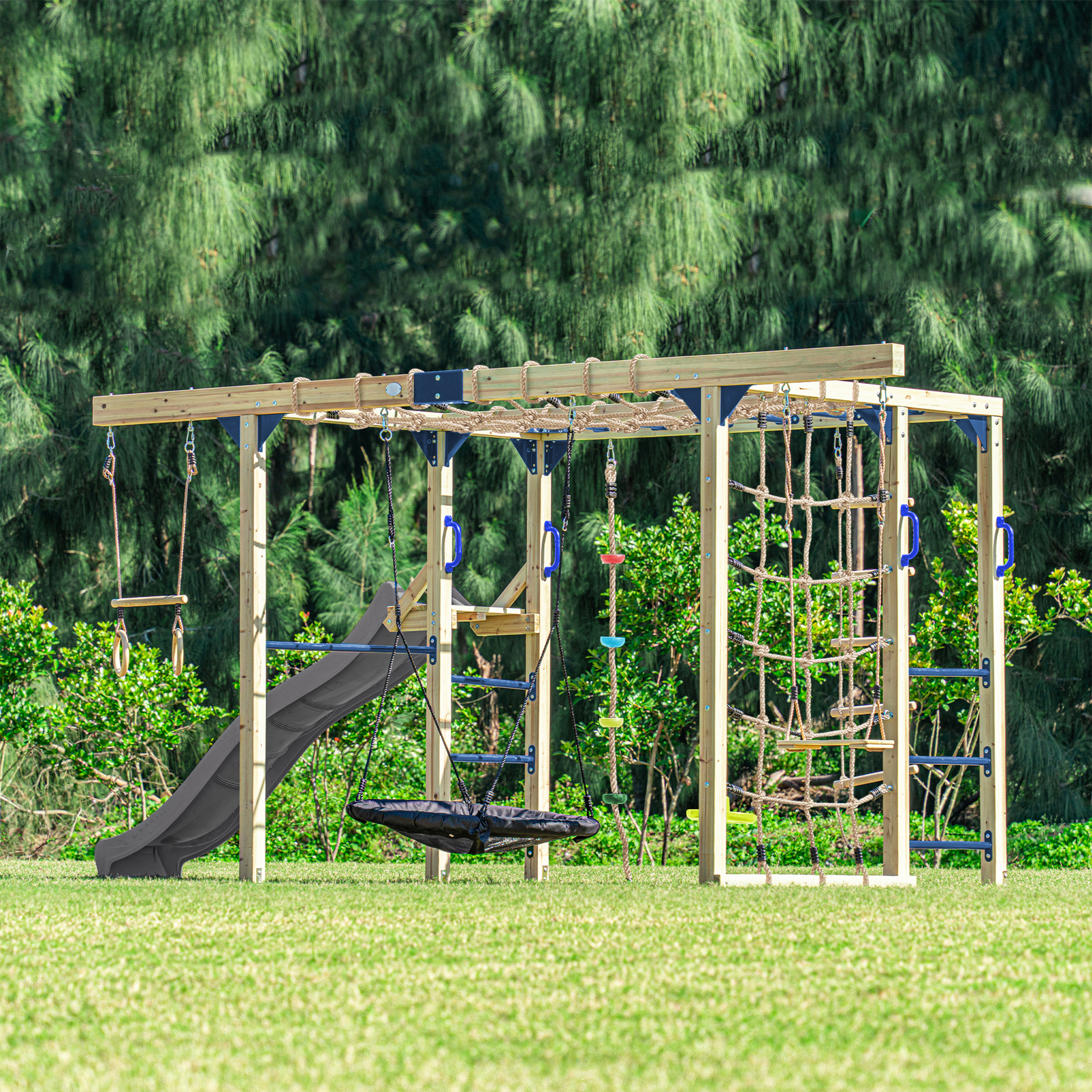 AXI Boris Wooden Playcentre with Swings, Trapeze, Climbing Nets and Monkey Bars – Grey Slide-8720365066672 AXI Boris Wooden Playcentre with Swings, Trapeze, Climbing Nets and Monkey Bars – Grey Slide