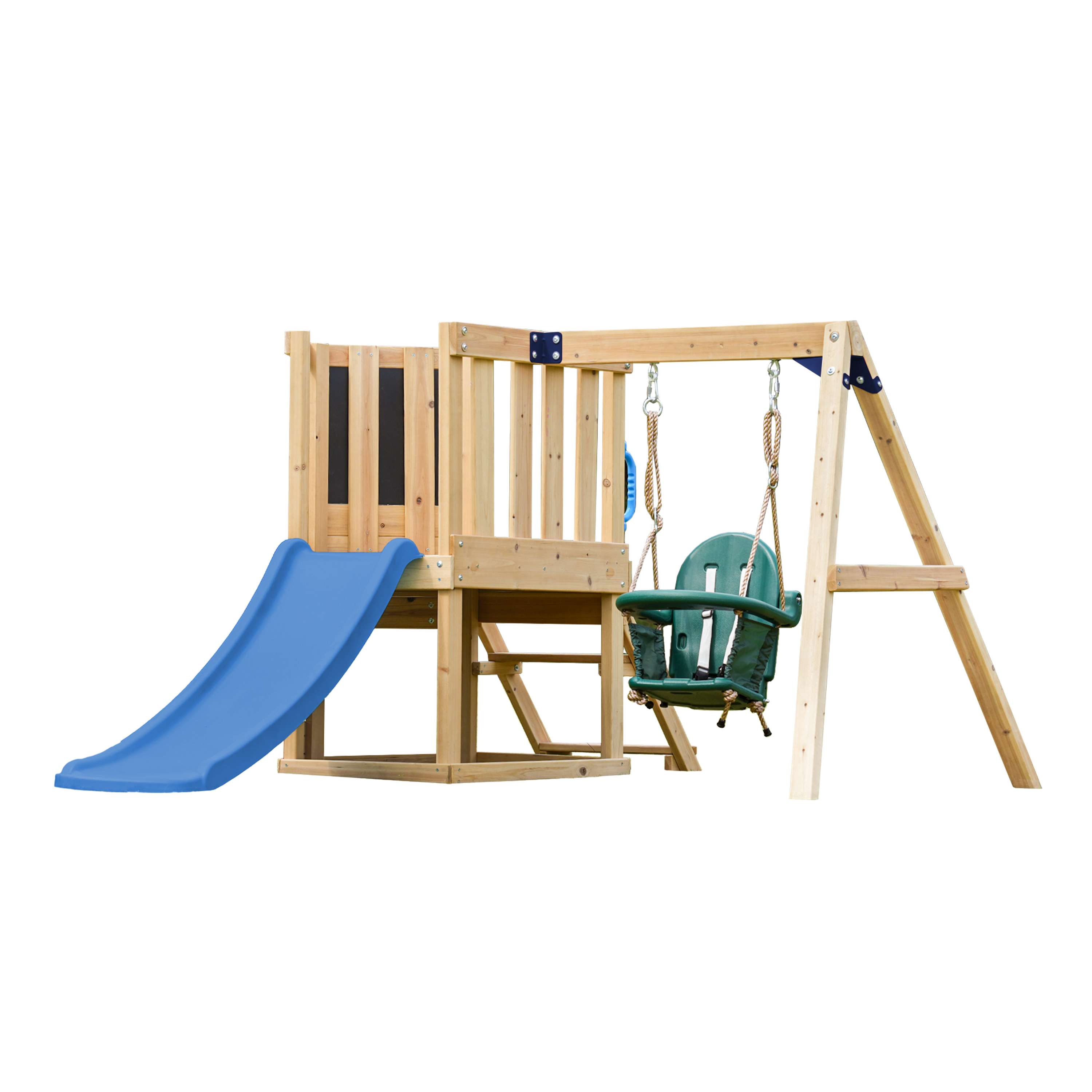 AXI Timo Mini Climbing Frame with Baby Swing. Climbing Wall and Chalkboard – Blue Slide