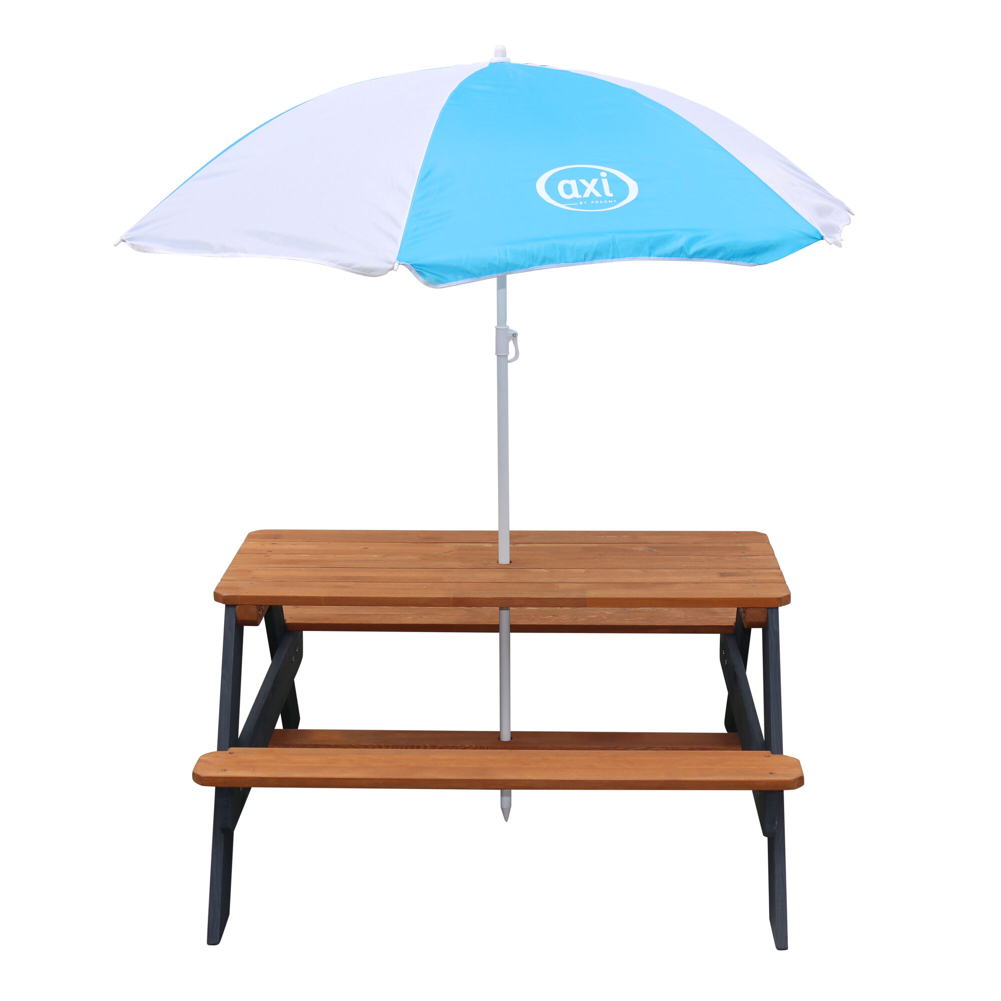 AXI Nick Picknicktafel Antraciet/bruin - Parasol Blauw/wit