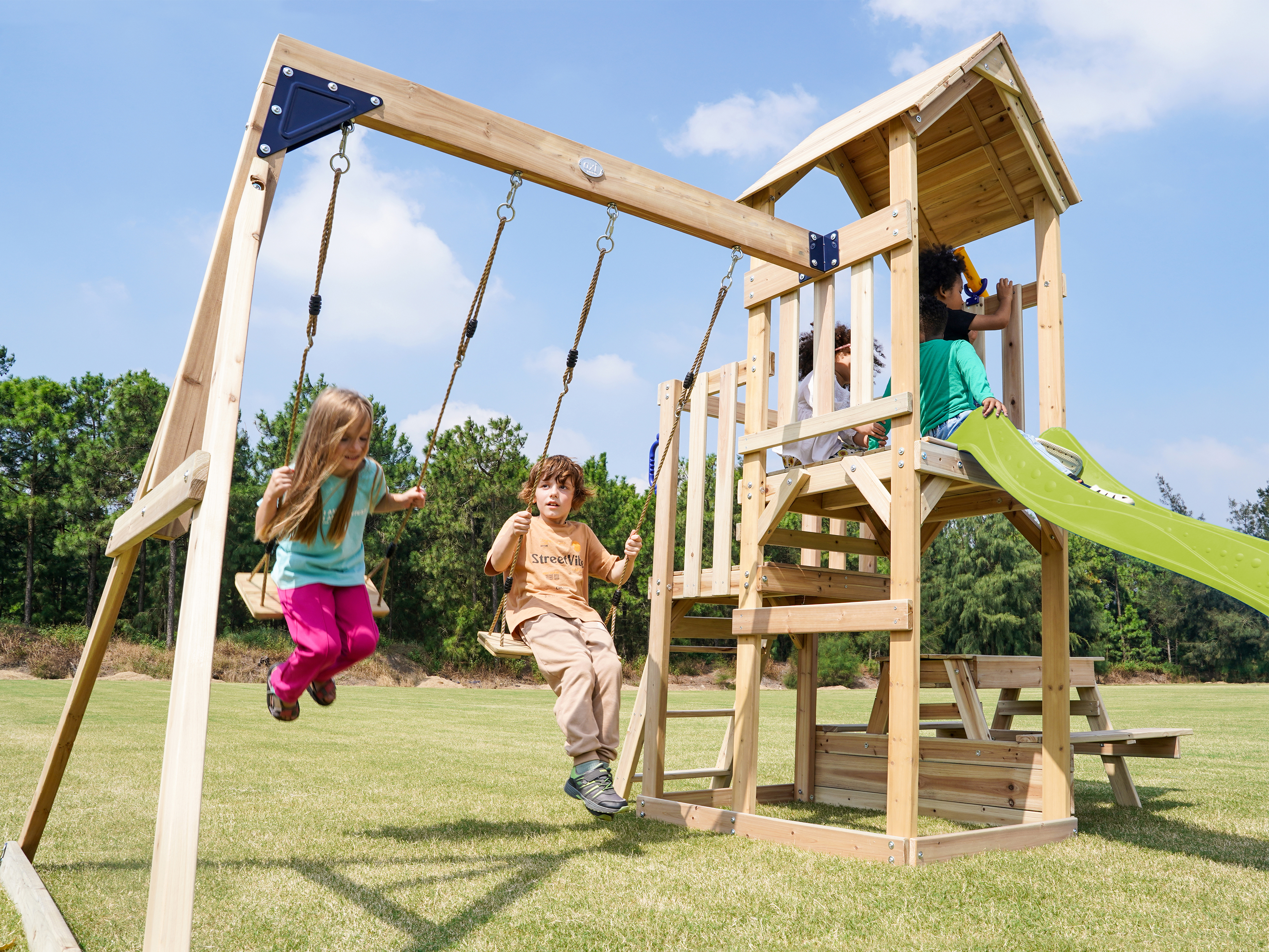 AXI Mette Playground with Double Swing Brown - Lime Green Slide 