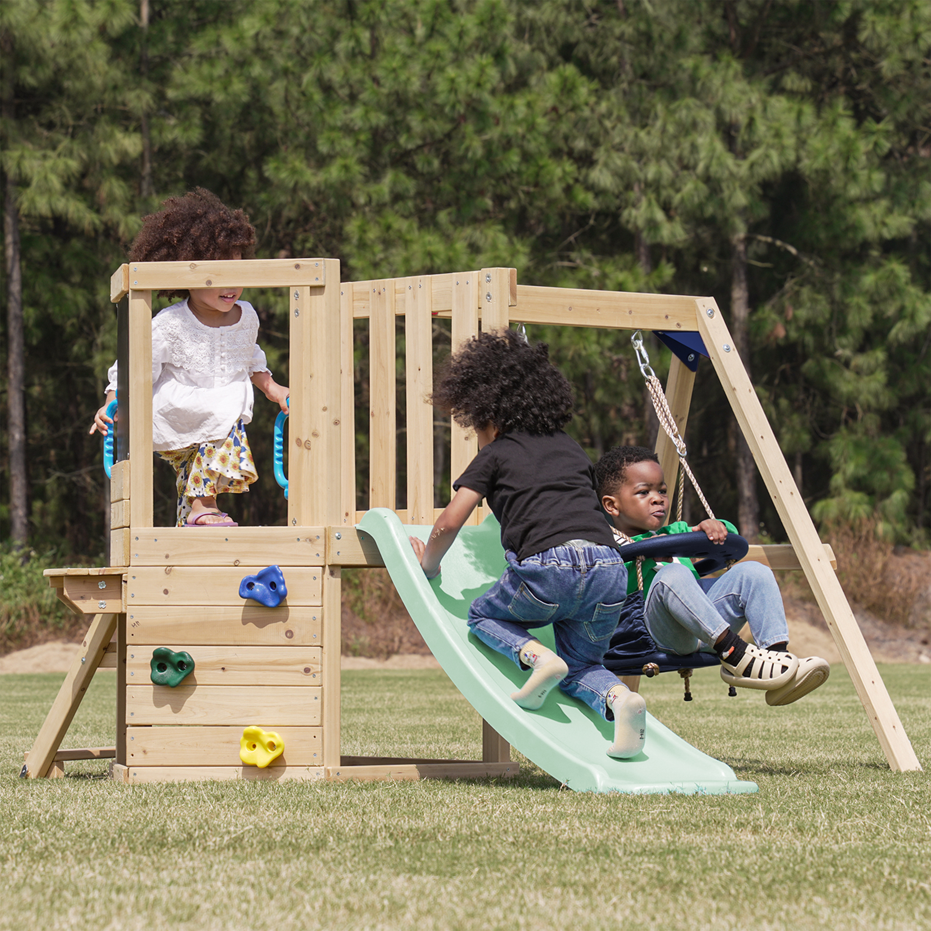 AXI Timo Mini Climbing Frame with Baby Swing. Climbing Wall and Chalkboard – Pastel Green Slide
