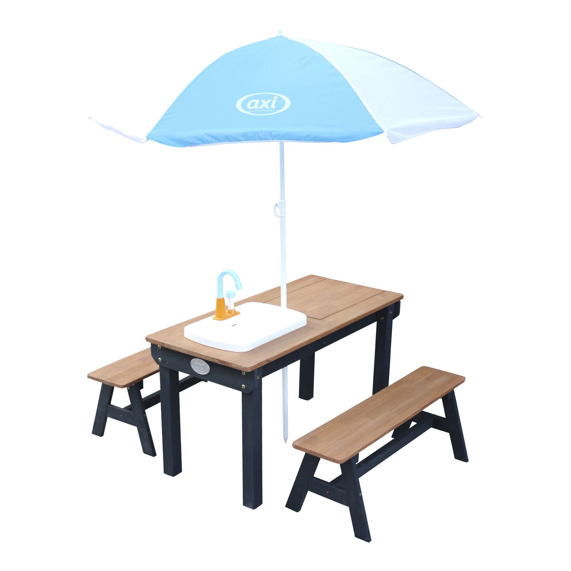 AXI Dennis Zand & Water Picknicktafel met Speelkeuken wastafel en losse bankjes Antraciet/bruin - Parasol Blauw/wit