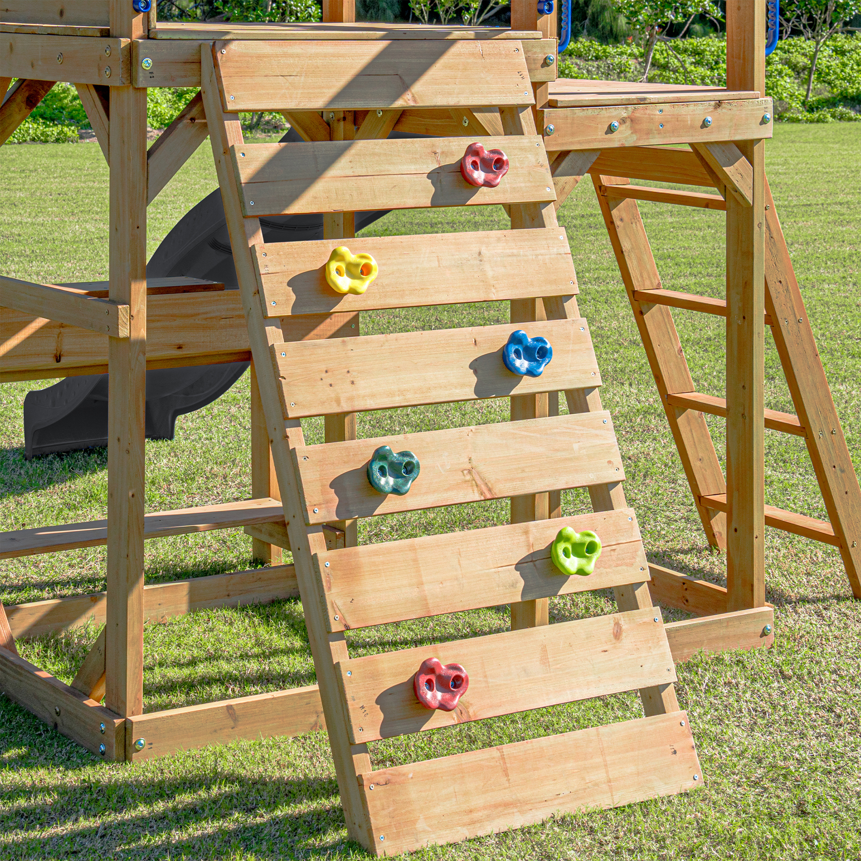 AXI Mitch Climbing Frame with Double Swing. Trapeze and Lookout Tower – Grey Slide