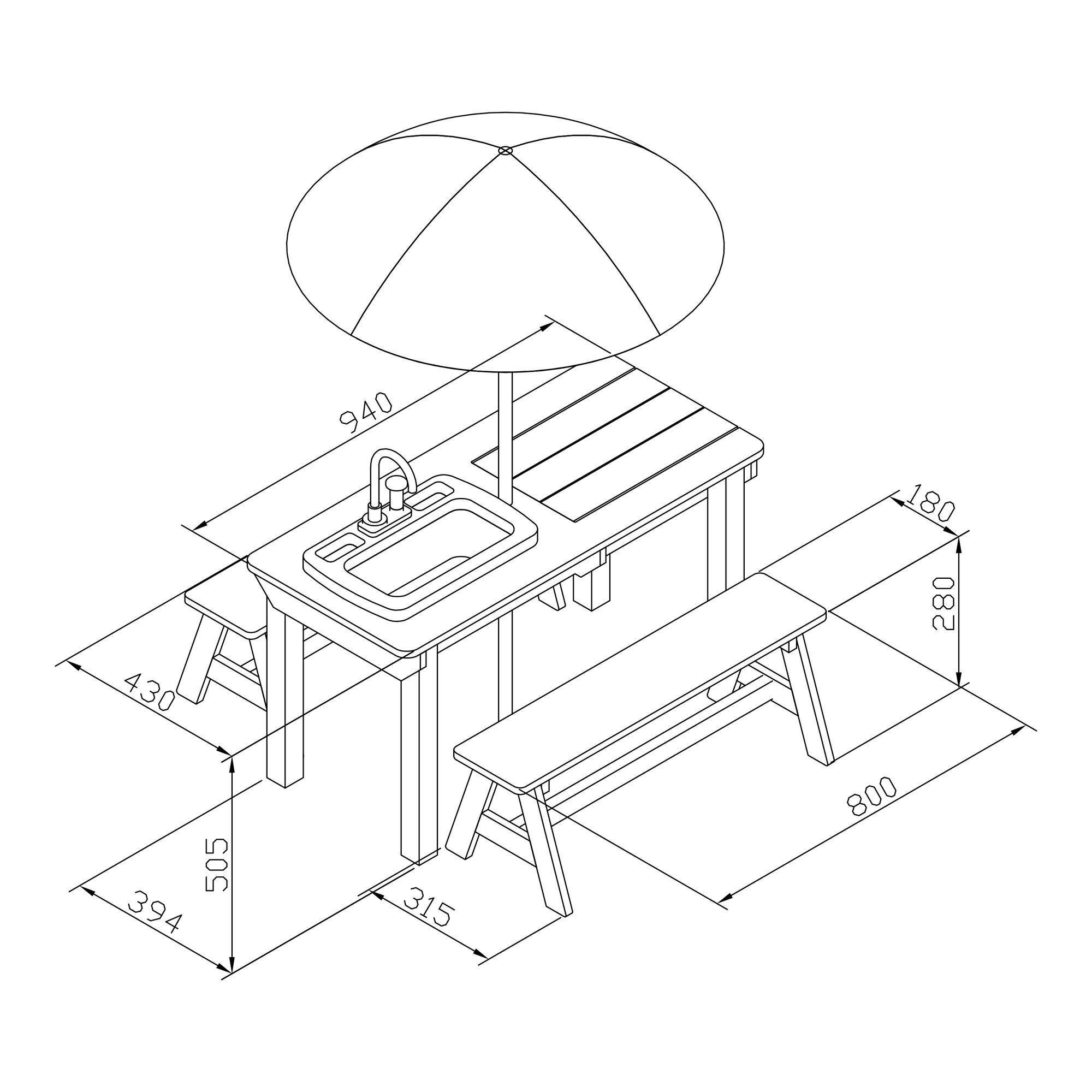 AXI Dennis Zand & Water Picknicktafel met Speelkeuken wastafel en losse bankjes Antraciet/bruin - Parasol Blauw/wit