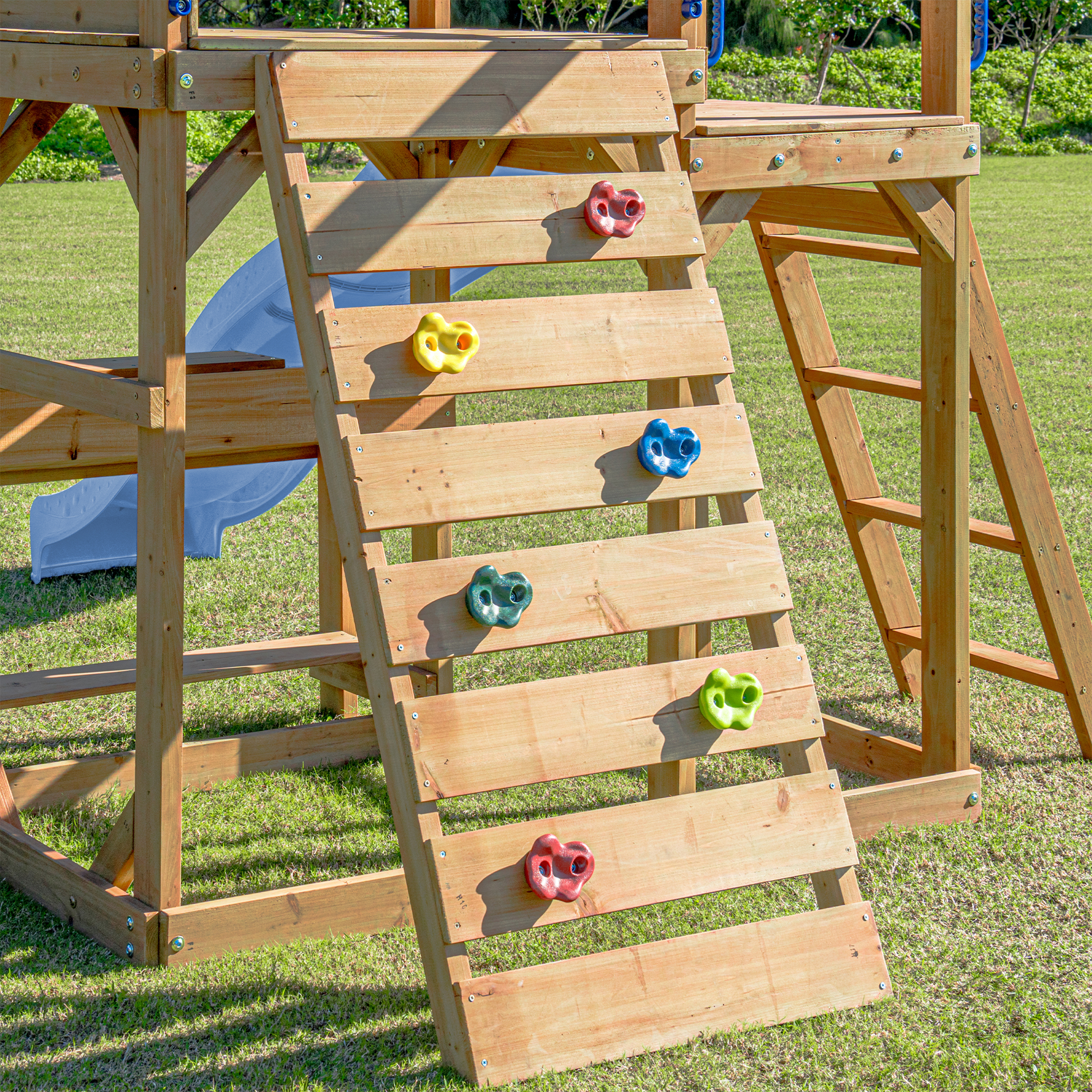 AXI Mitch Climbing Frame with Double Swing, Trapeze and Lookout Tower – Pastel Blue Slide