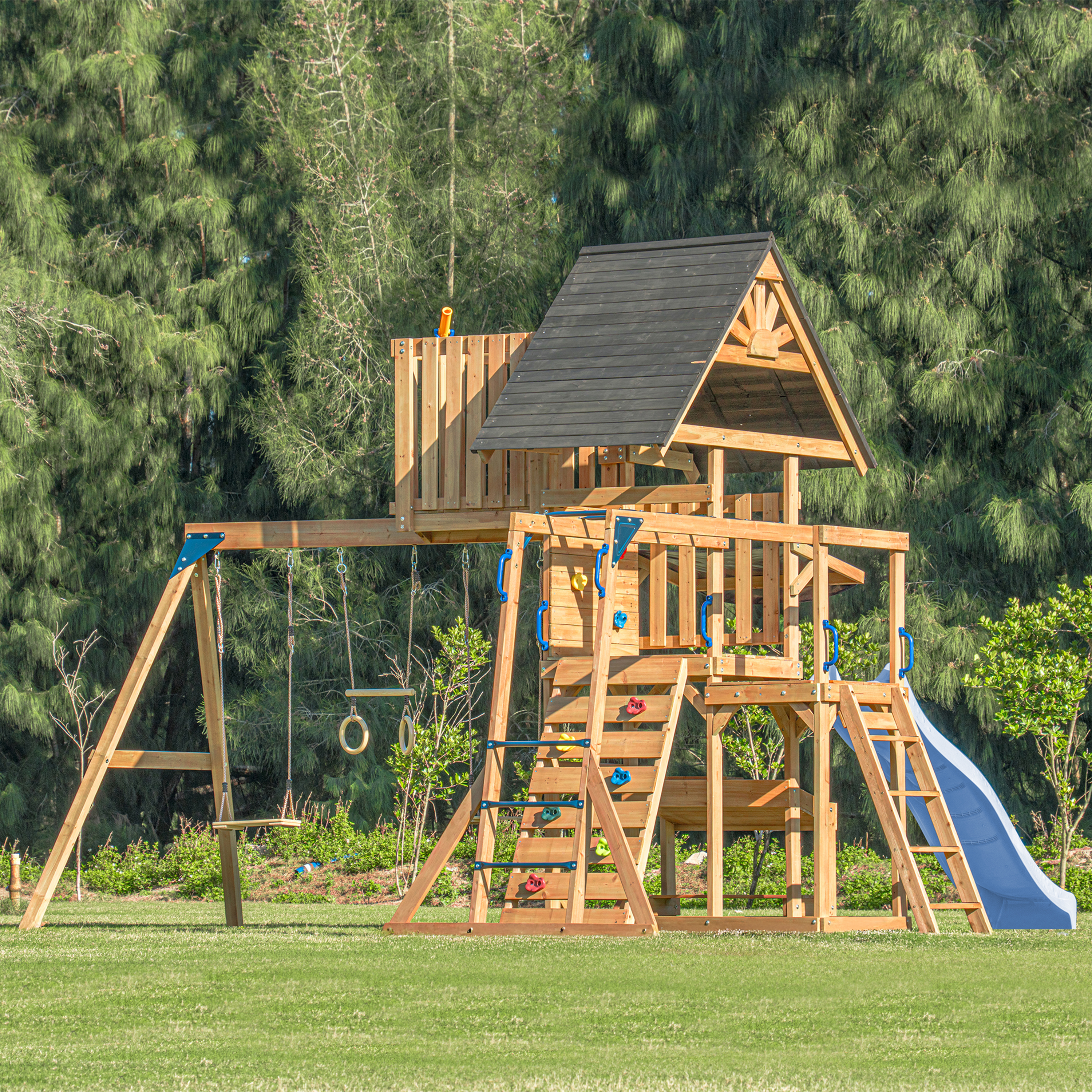 AXI Mitch Climbing Frame with Double Swing, Trapeze and Lookout Tower – Pastel Blue Slide