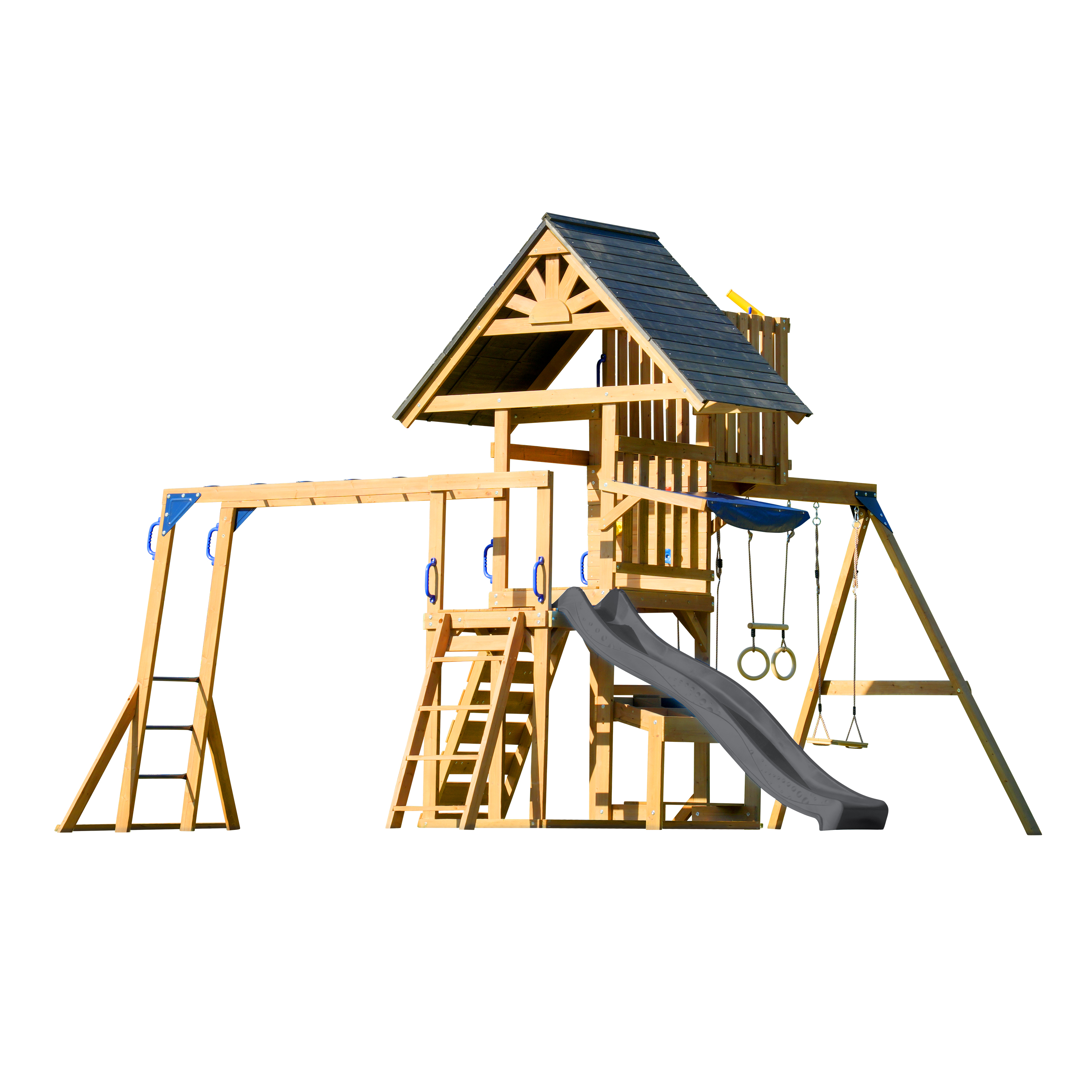 AXI Mitch Climbing Frame with Double Swing. Trapeze and Lookout Tower – Grey Slide