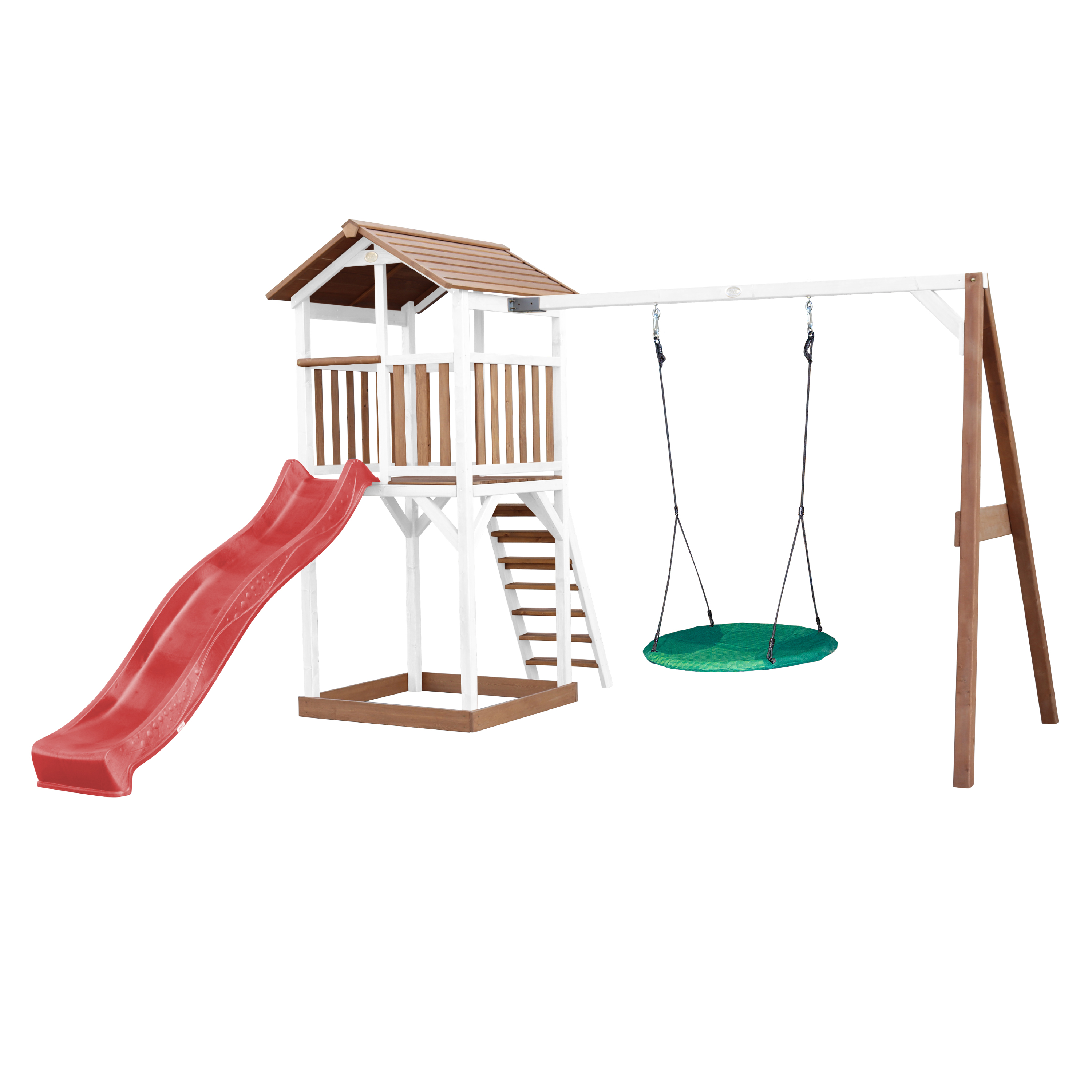 AXI Beach Tower with Summer Nest Swing Set Brown/White - Red Slide-8720365061684 AXI Beach Tower with Summer Nest Swing Set Brown/White - Red Slide