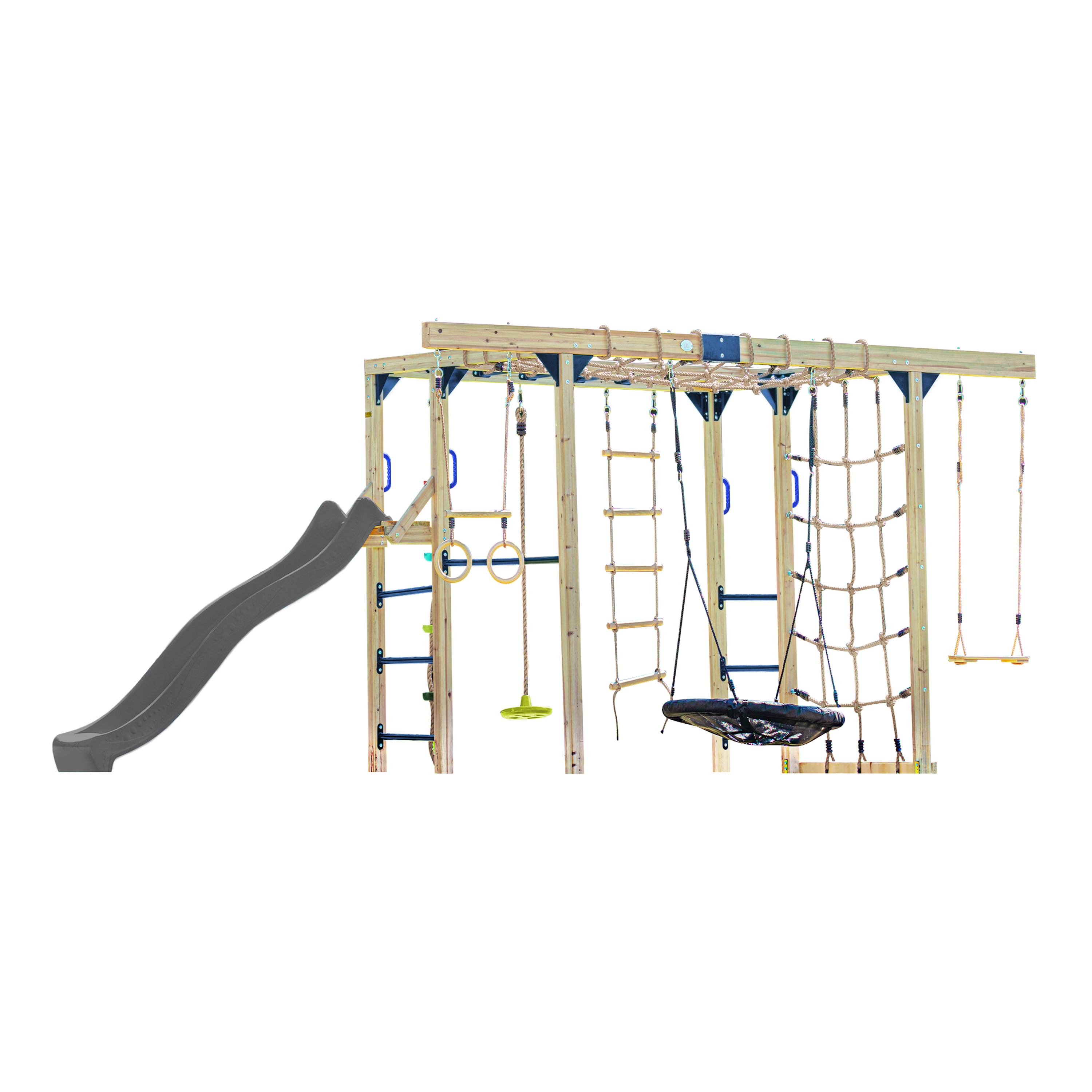 AXI Boris Wooden Playcentre with Swings, Trapeze, Climbing Nets and Monkey Bars – Grey Slide-8720365066672 AXI Boris Wooden Playcentre with Swings, Trapeze, Climbing Nets and Monkey Bars – Grey Slide