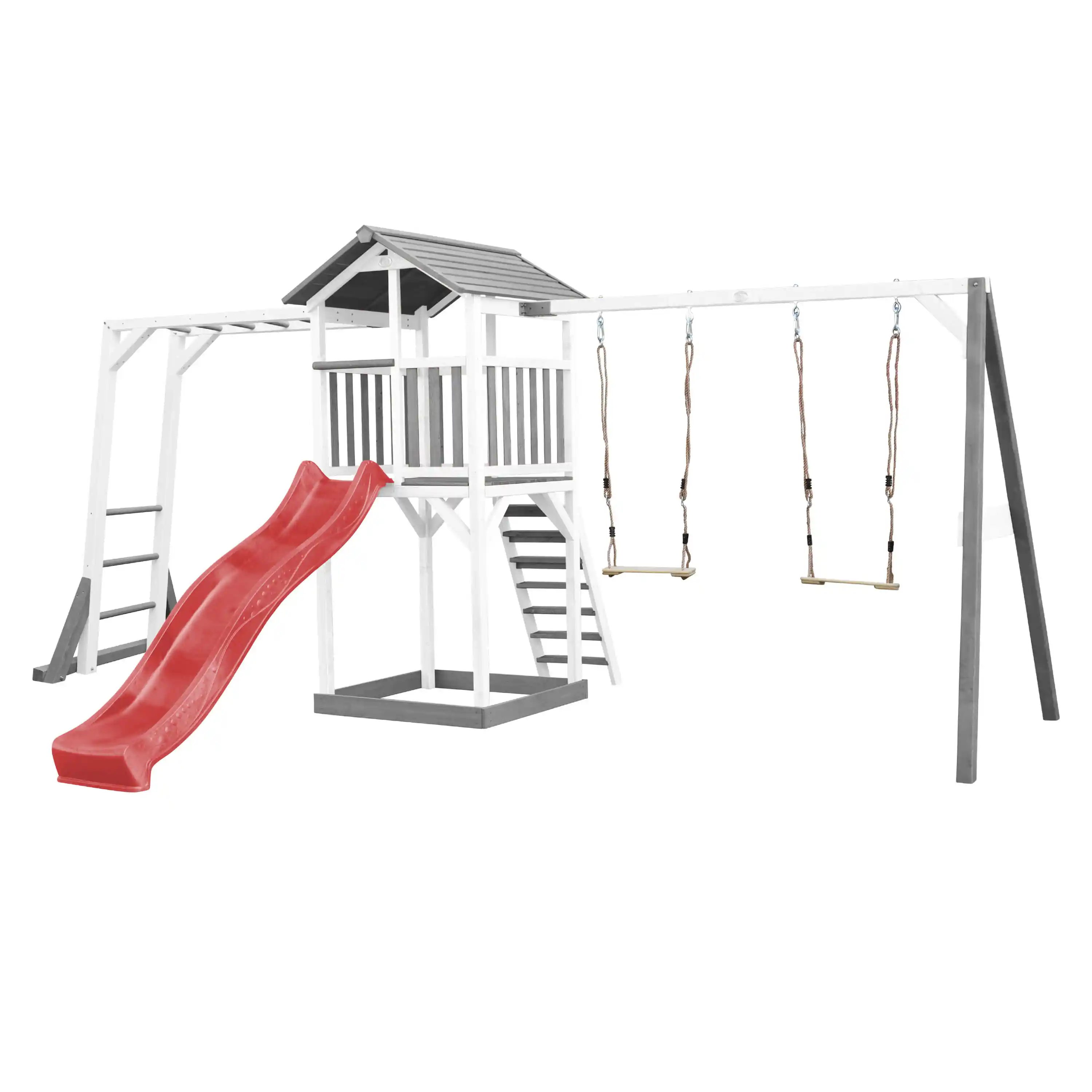 AXI Beach Tower Speeltoren met Klimrek en Dubbele Schommel Grijs/wit - Rode Glijbaan