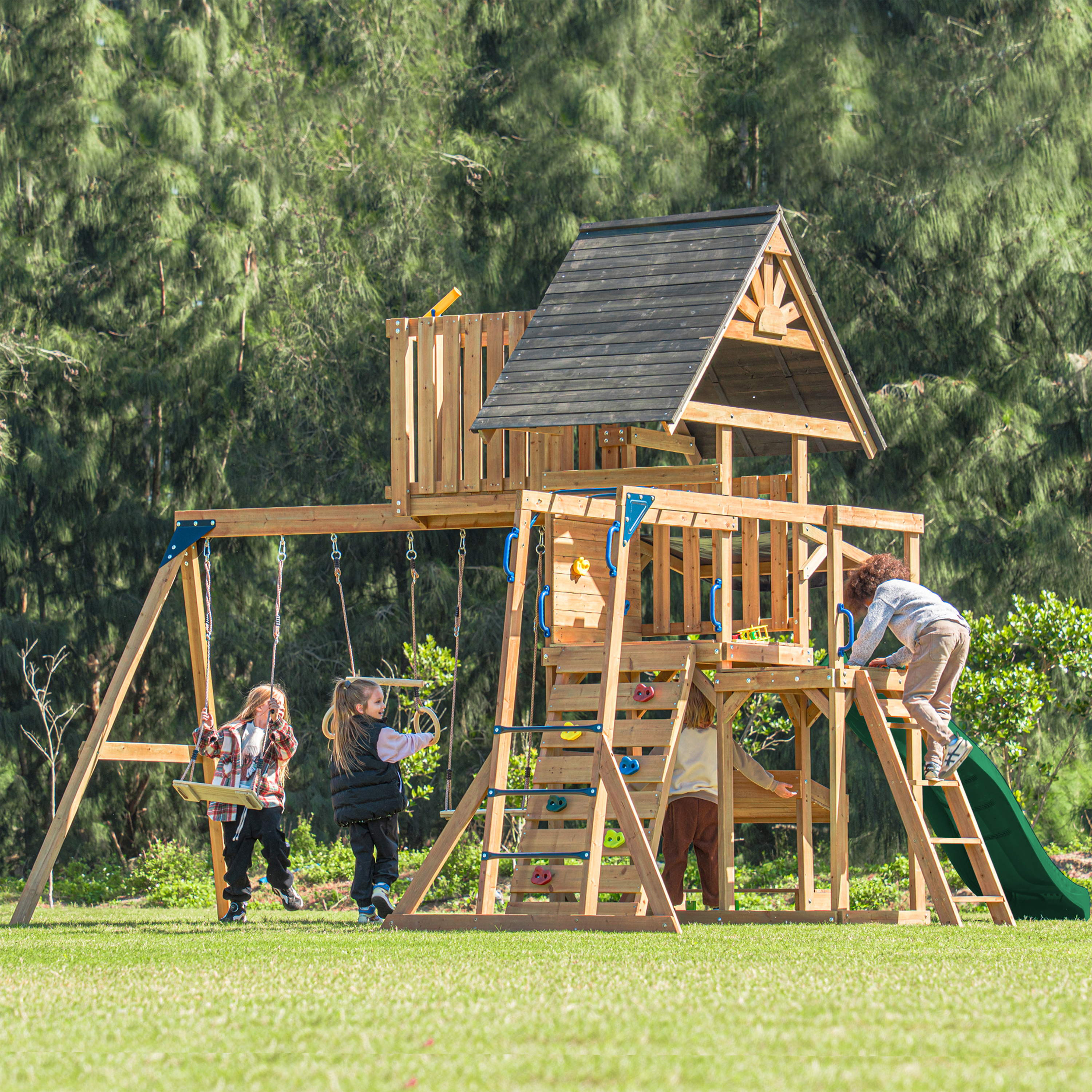 AXI Mitch Climbing Frame with Double Swing. Trapeze and Lookout Tower – Green Slide