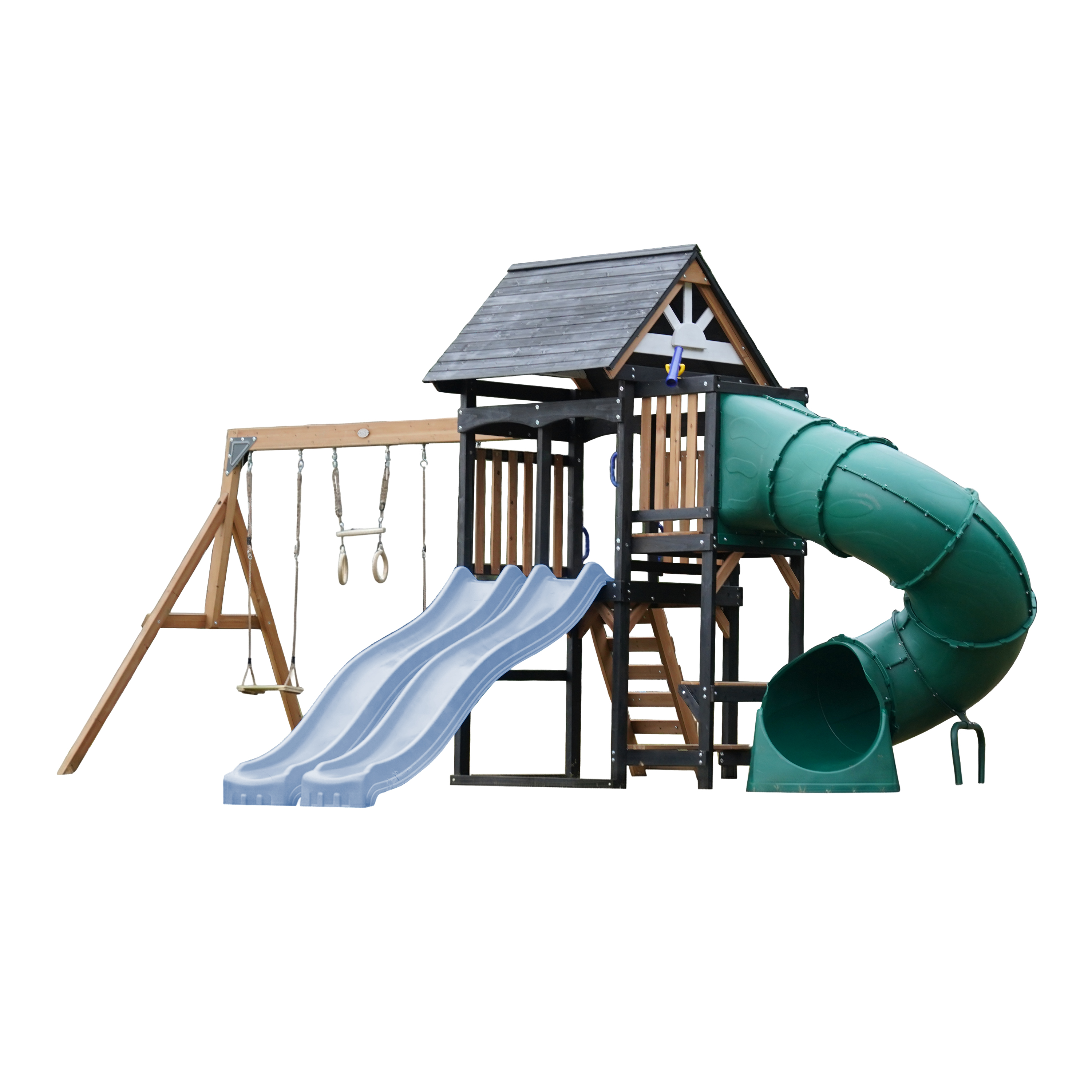AXI Cody Climbing Frame with Swings, Trapeze and Climbing Wall – Pastel Blue Double Slide and Tube Slide