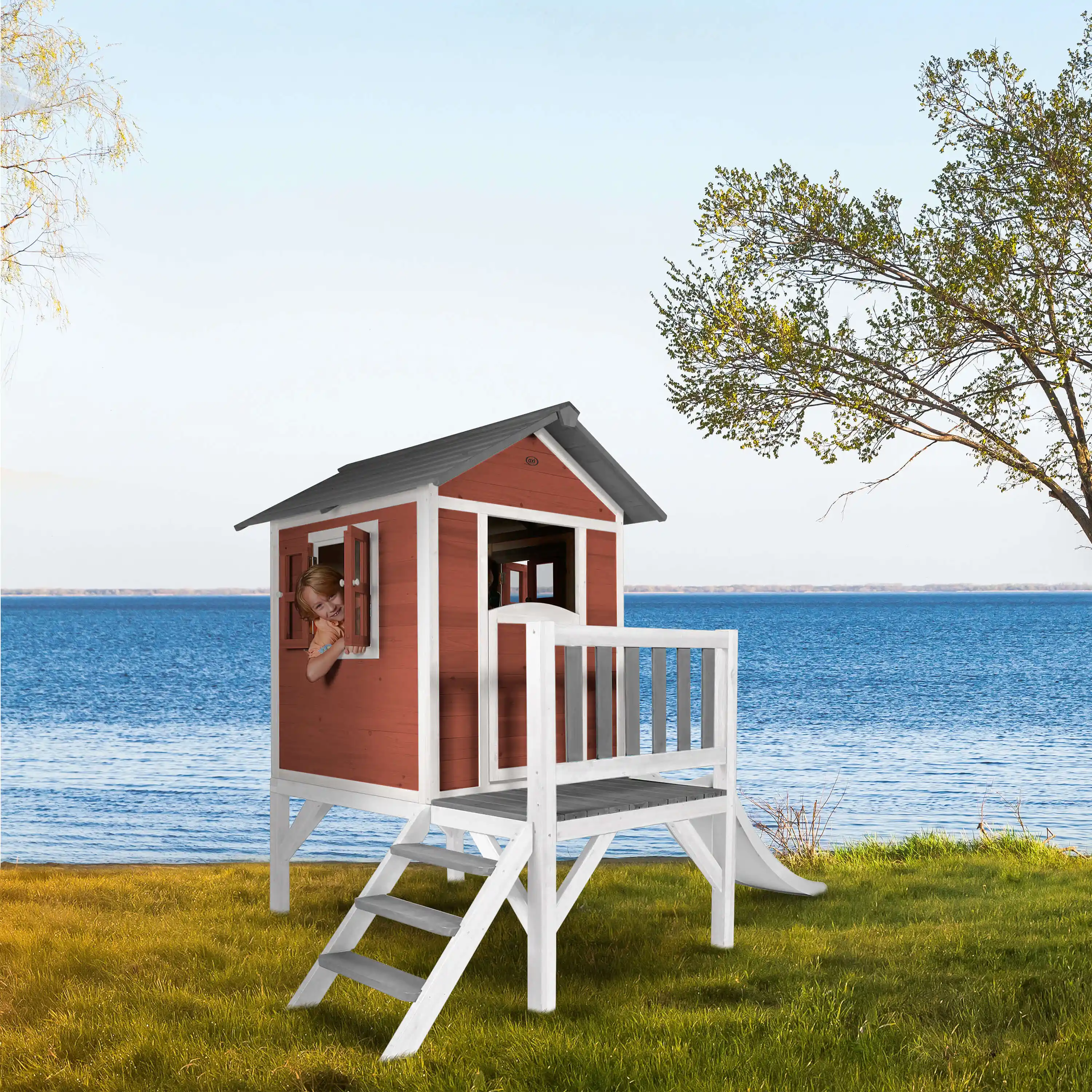 AXI Lodge XL Speelhuis Scandinavisch Rood - Witte Glijbaan