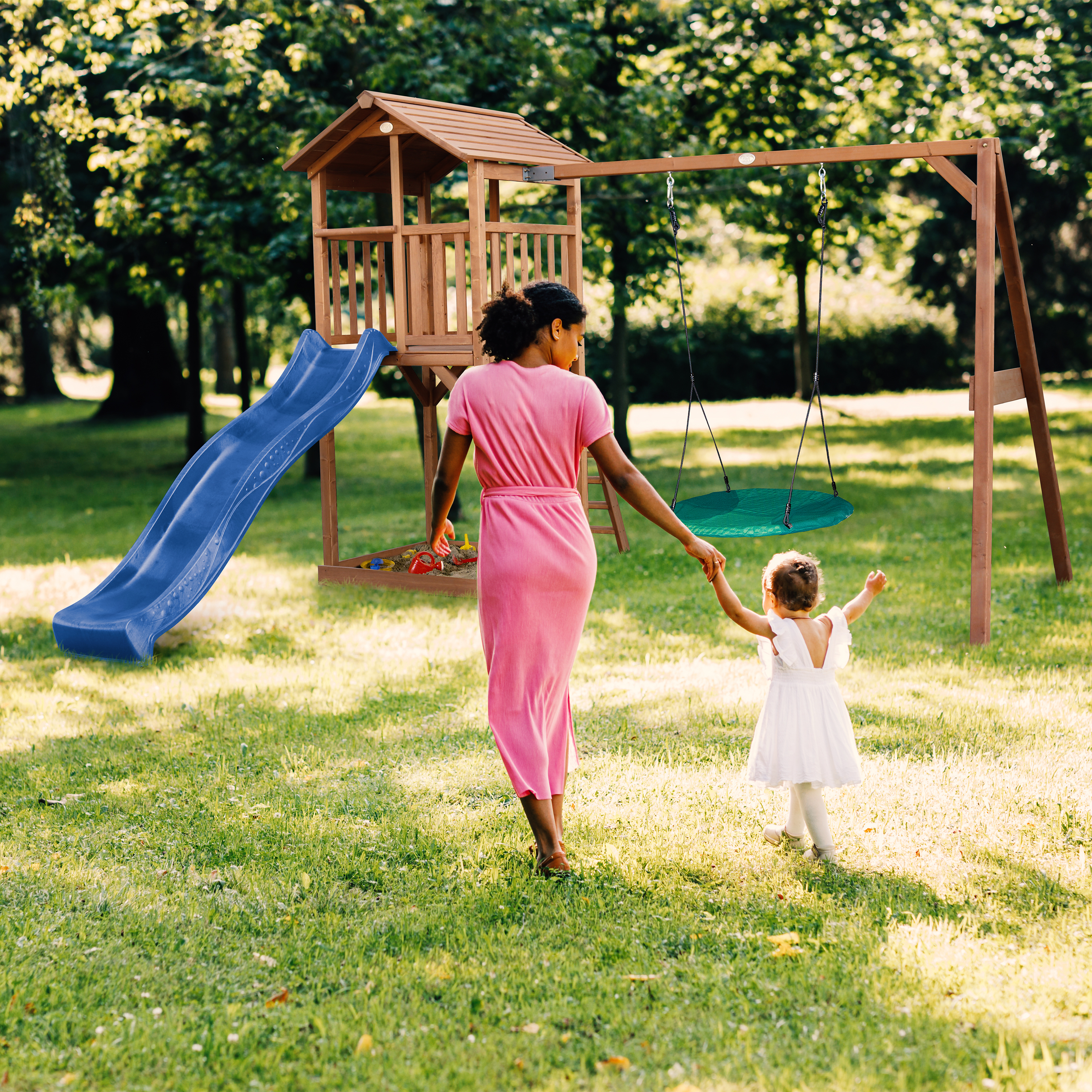 AXI Beach Tower with Summer Nest Swing Set Brown - Blue Slide