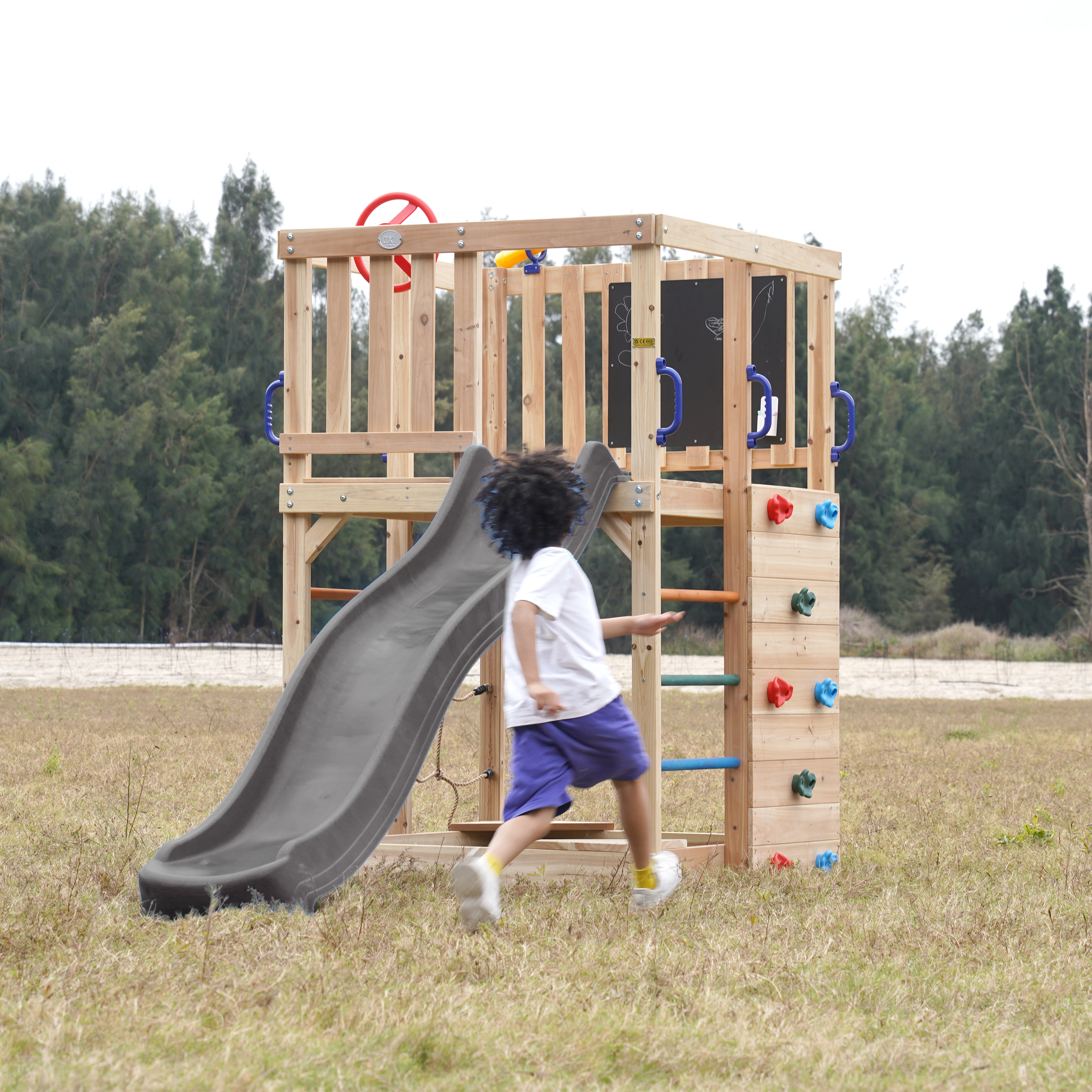 AXI Sam Climbing Frame with Climbing Wall, Climbing Net and Monkey Bars – Grey Slide