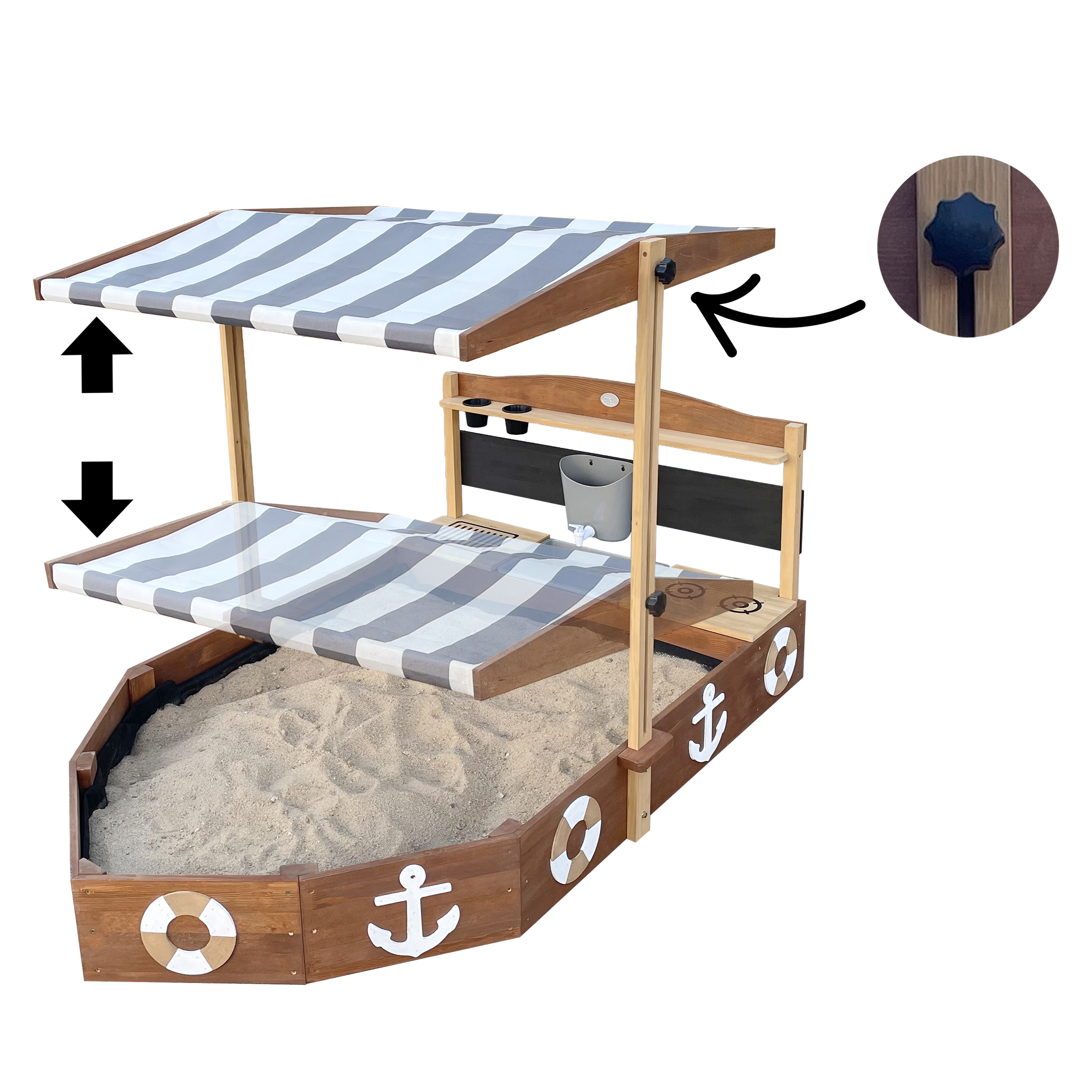 AXI Dora Boat Sandbox with Play Kitchen and Roof 160 x 100 cm Brown/Anthracite