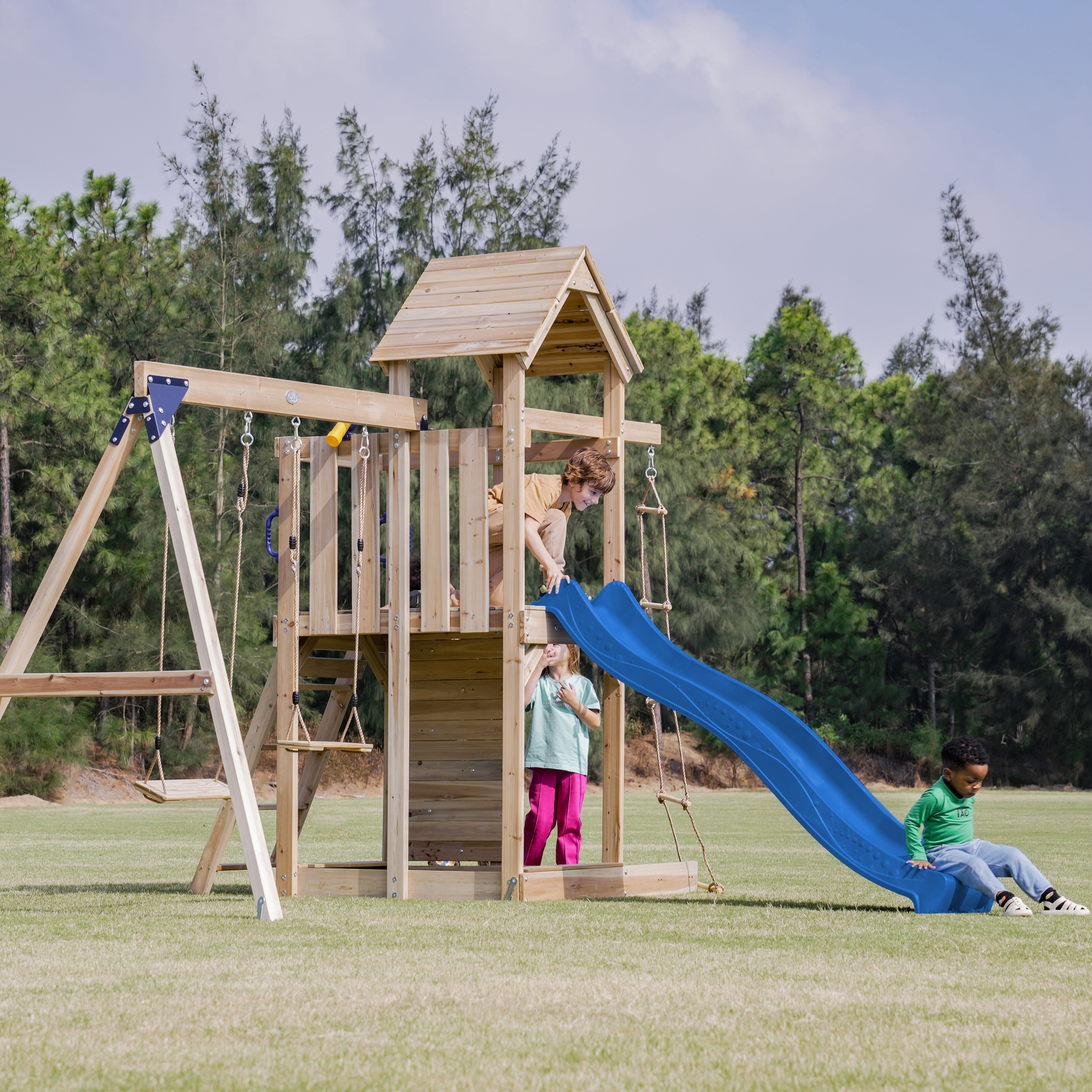 AXI Moos Play Set with Double Swing and Rope Ladder Brown - Blue Slide -8720365062100 AXI Moos Play Set with Double Swing and Rope Ladder Brown - Blue Slide