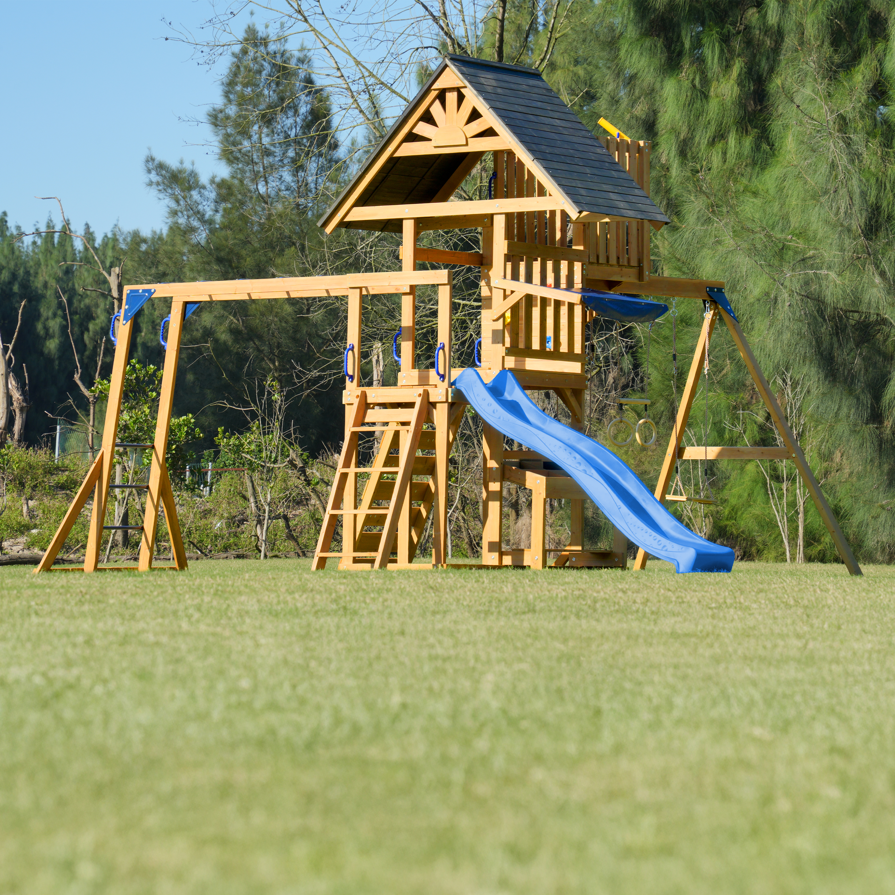 AXI Mitch Climbing Frame with Double Swing, Trapeze and Lookout Tower – Blue Slide