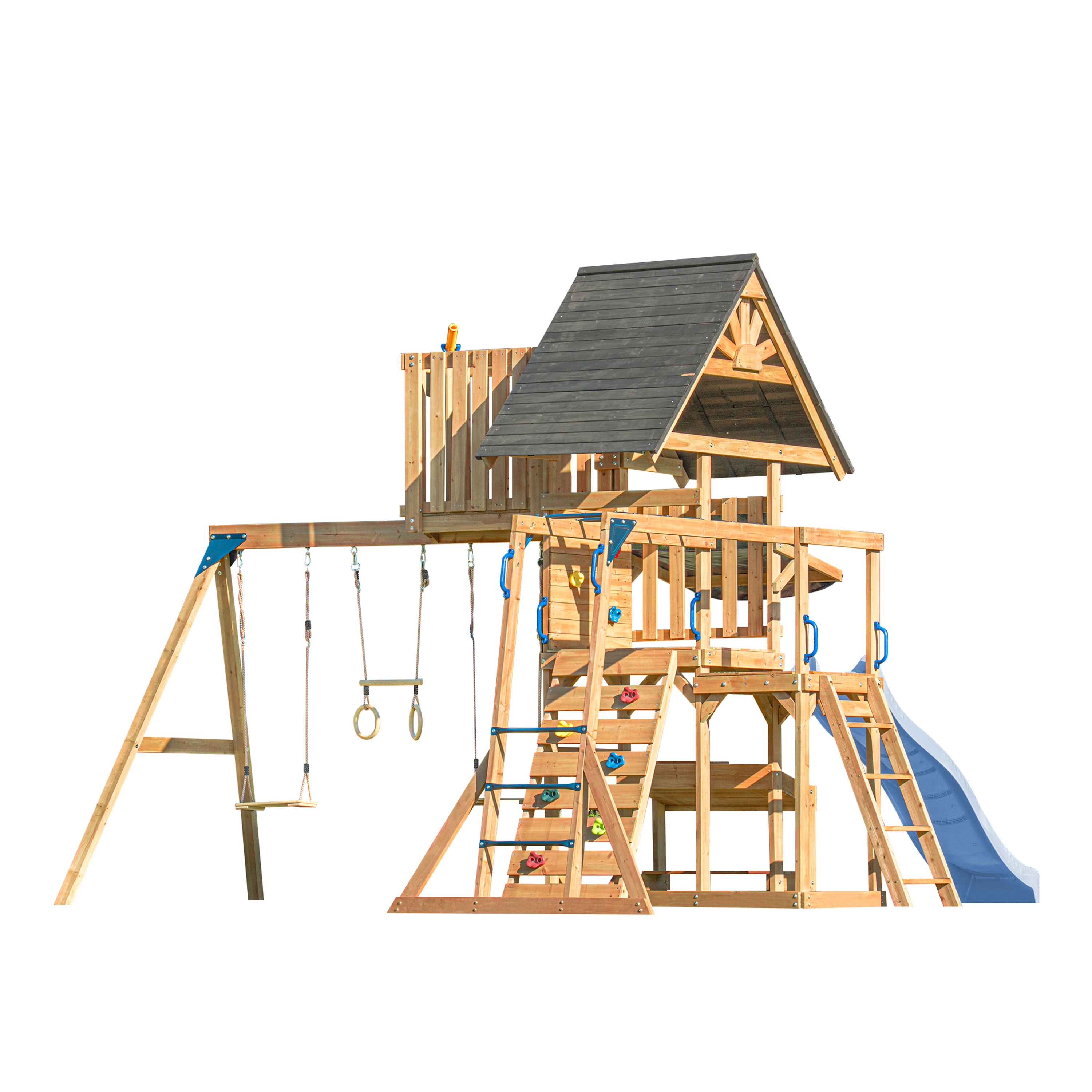 AXI Mitch Climbing Frame with Double Swing, Trapeze and Lookout Tower – Pastel Blue Slide