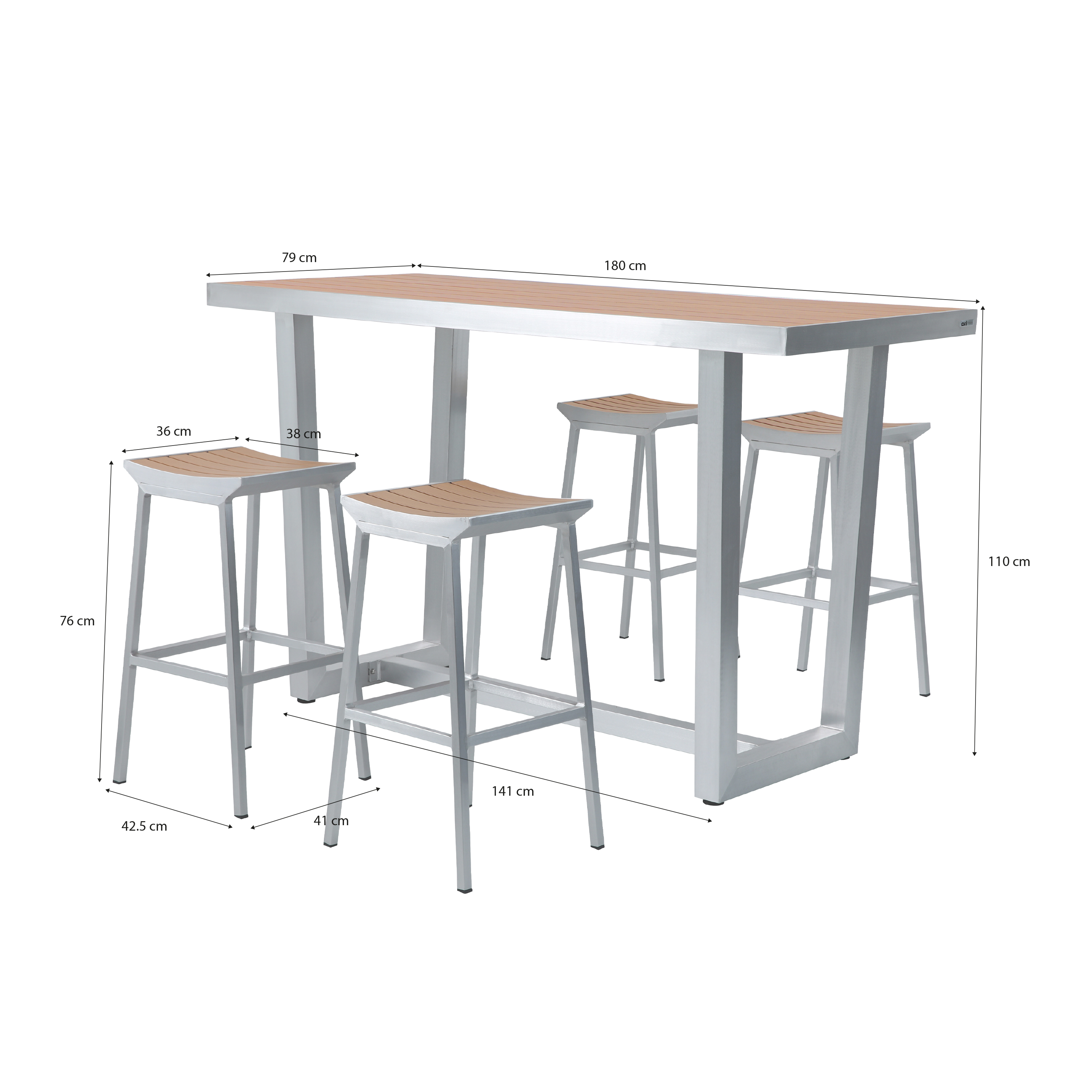AXI James Barset met 4 barkrukken Aluminium/hout-look-8720365061257 AXI James Barset met 4 barkrukken Aluminium/hout-look