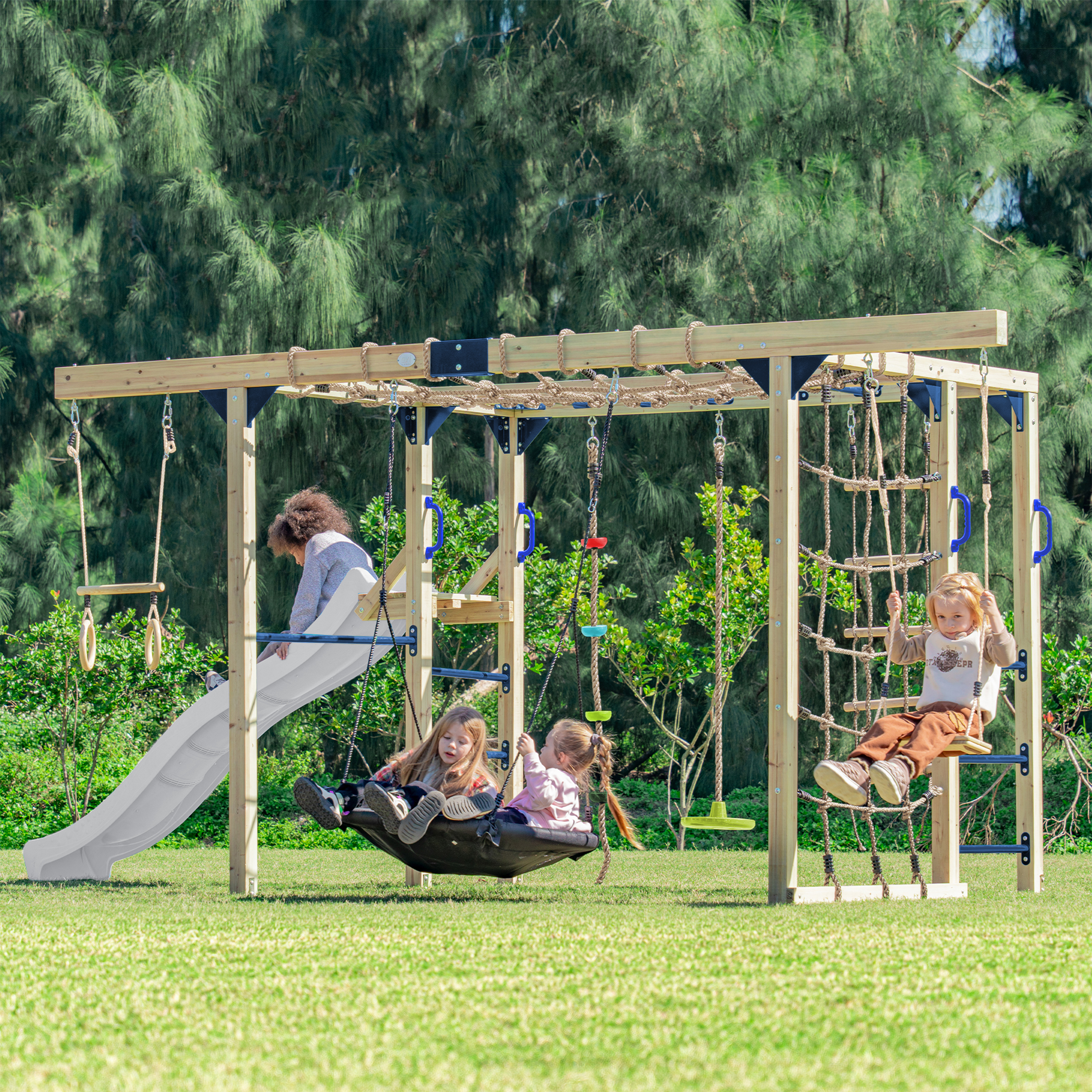 AXI Boris Wooden Playcentre with Swings, Trapeze, Climbing Nets and Monkey Bars – White Slide