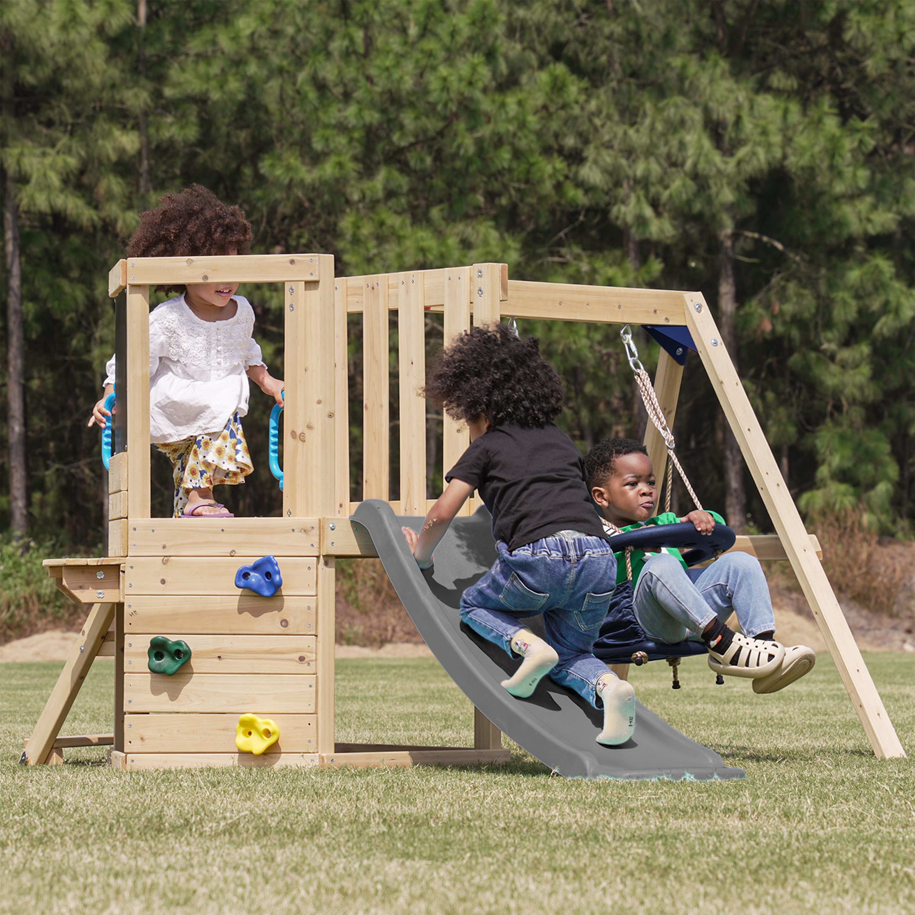 AXI Timo Mini Climbing Frame with Baby Swing. Climbing Wall and Chalkboard – Grey Slide
