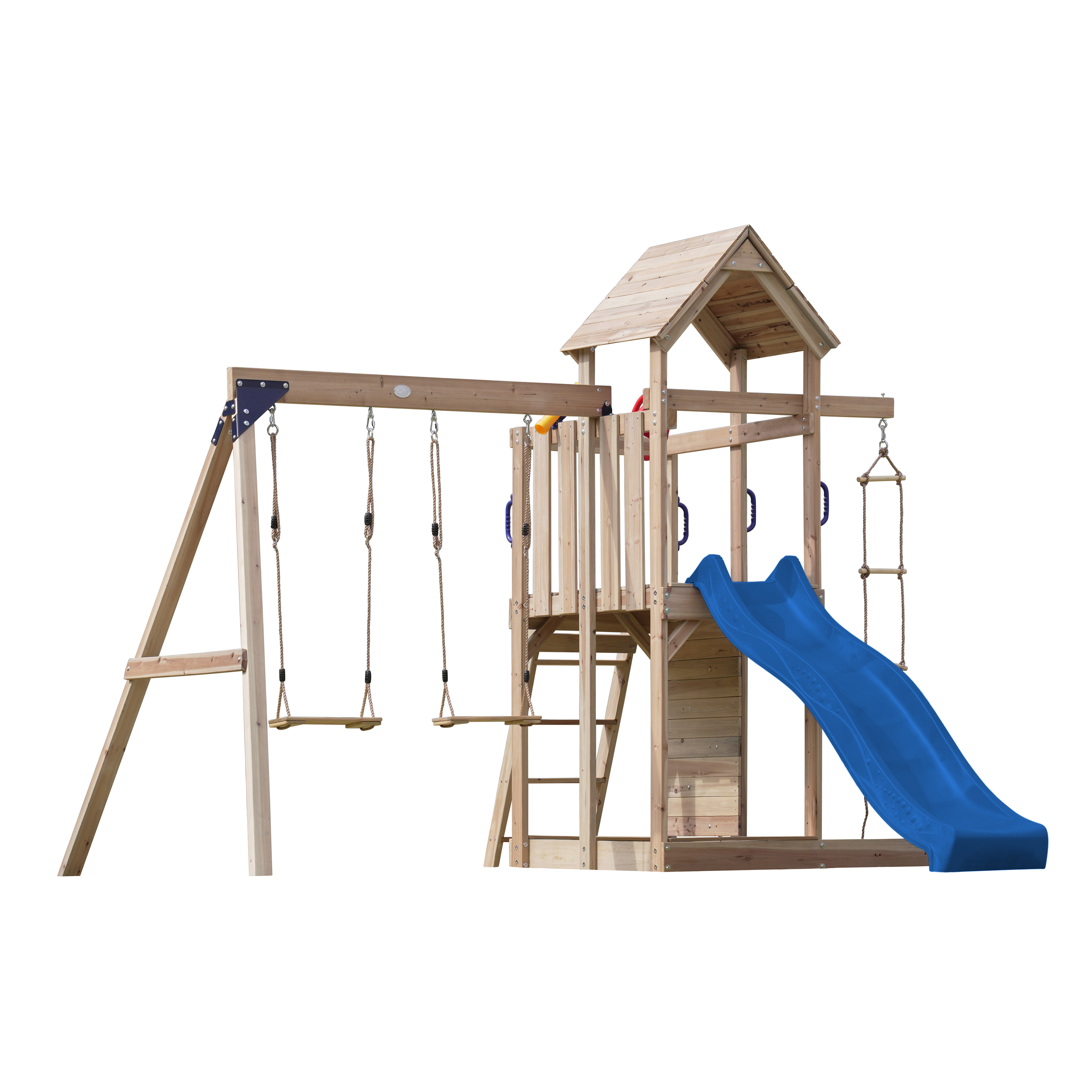 AXI Moos Play Set with Double Swing and Rope Ladder Brown - Blue Slide -8720365062100 AXI Moos Play Set with Double Swing and Rope Ladder Brown - Blue Slide