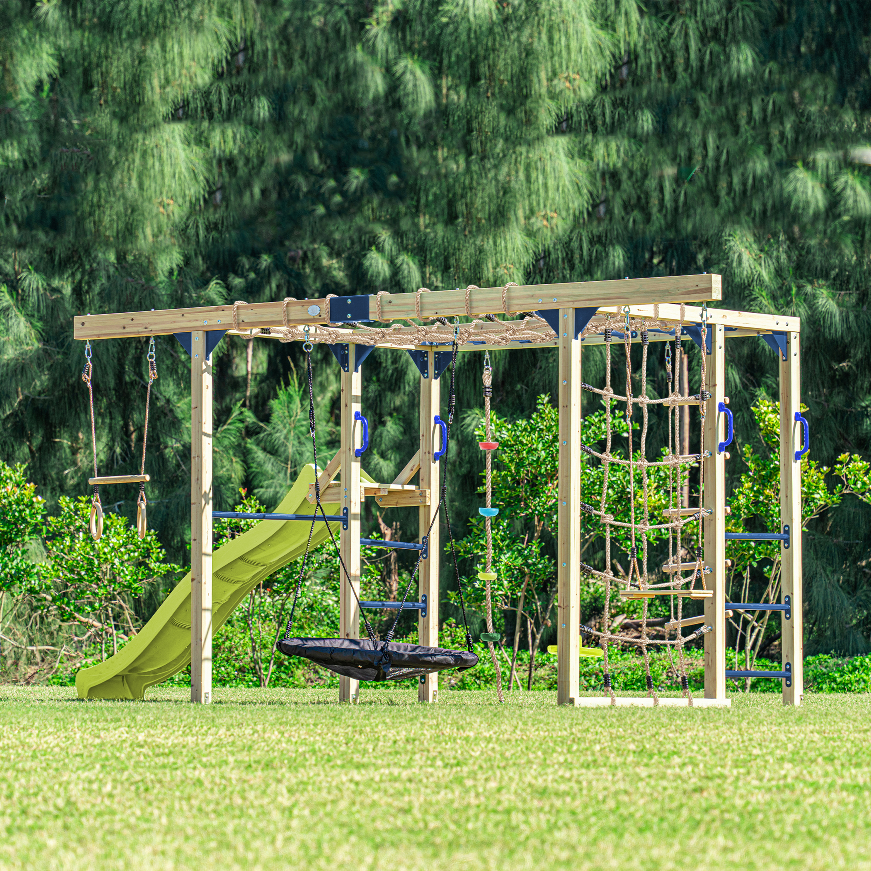 AXI Boris Wooden Playcentre with Swings, Trapeze, Climbing Nets and Monkey Bars – Lime Green Slide