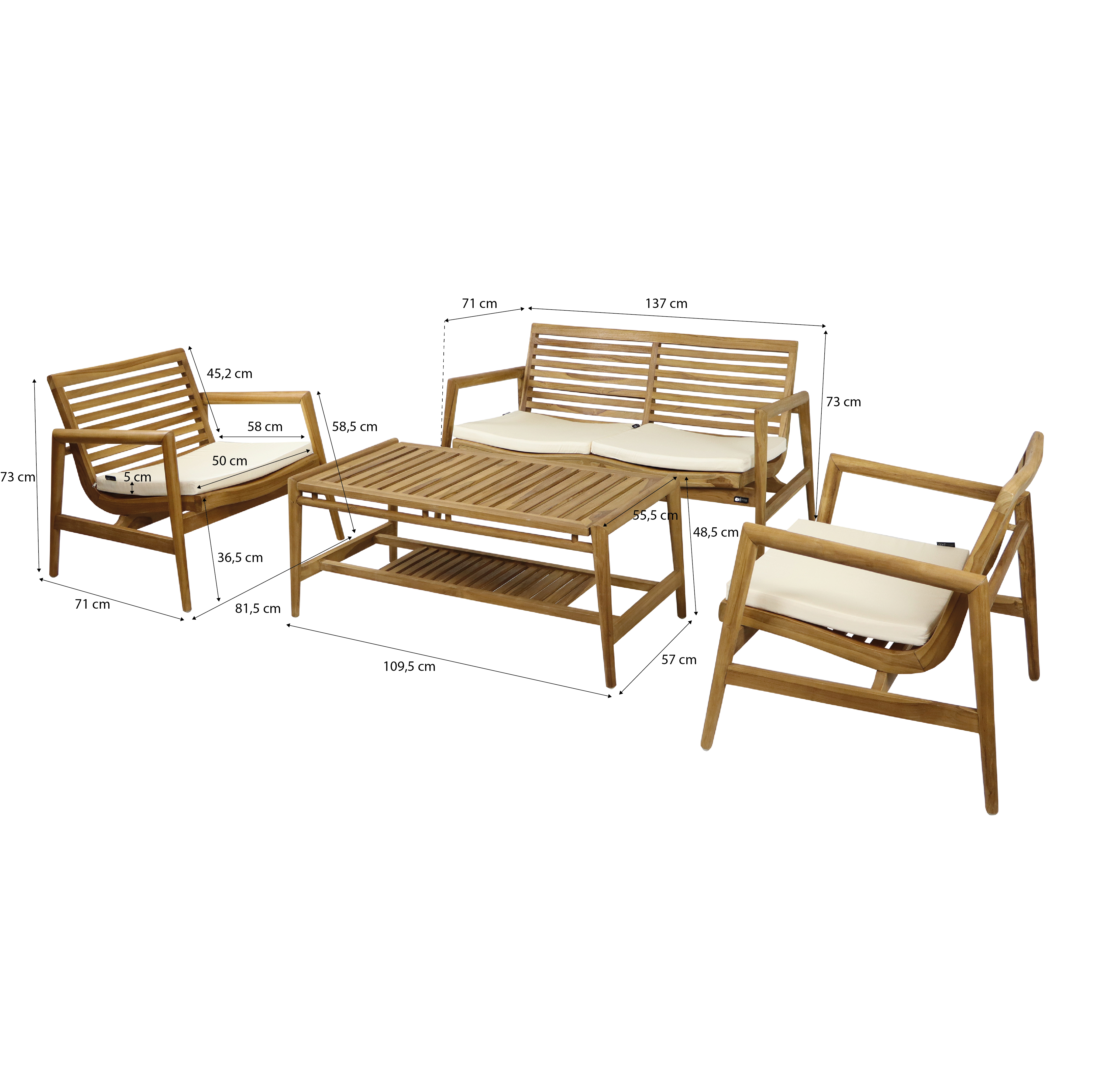 AXI June Lounge Set 4-piece with bench, table & 2 chairs - Teak/Cream