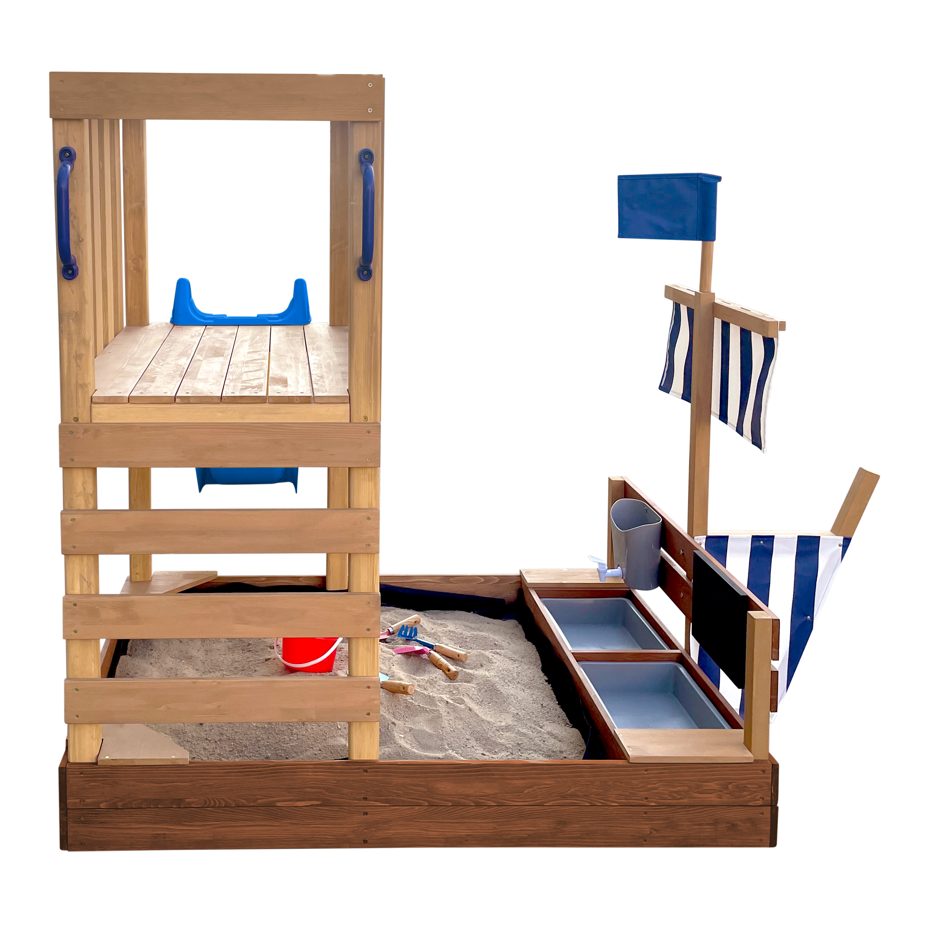 AXI Vicky Climbing Frame with Sandbox. Play Kitchen & Chalkboard – Blue Slide