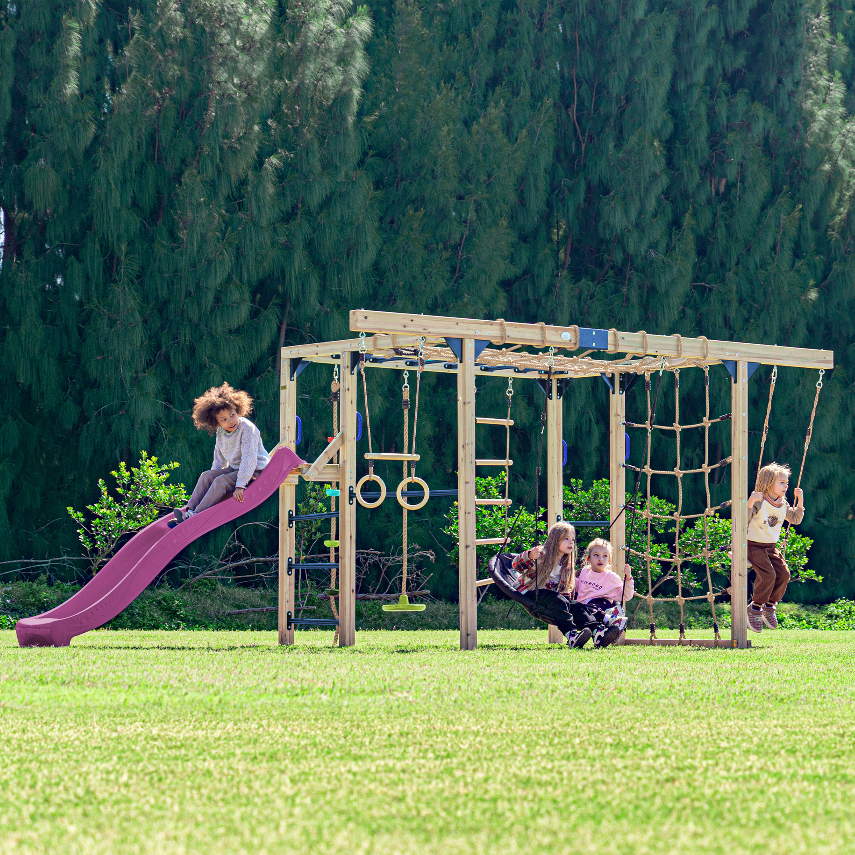 AXI Boris Wooden Playcentre with Swings. Trapeze. Climbing Nets and Monkey Bars – Purple Slide