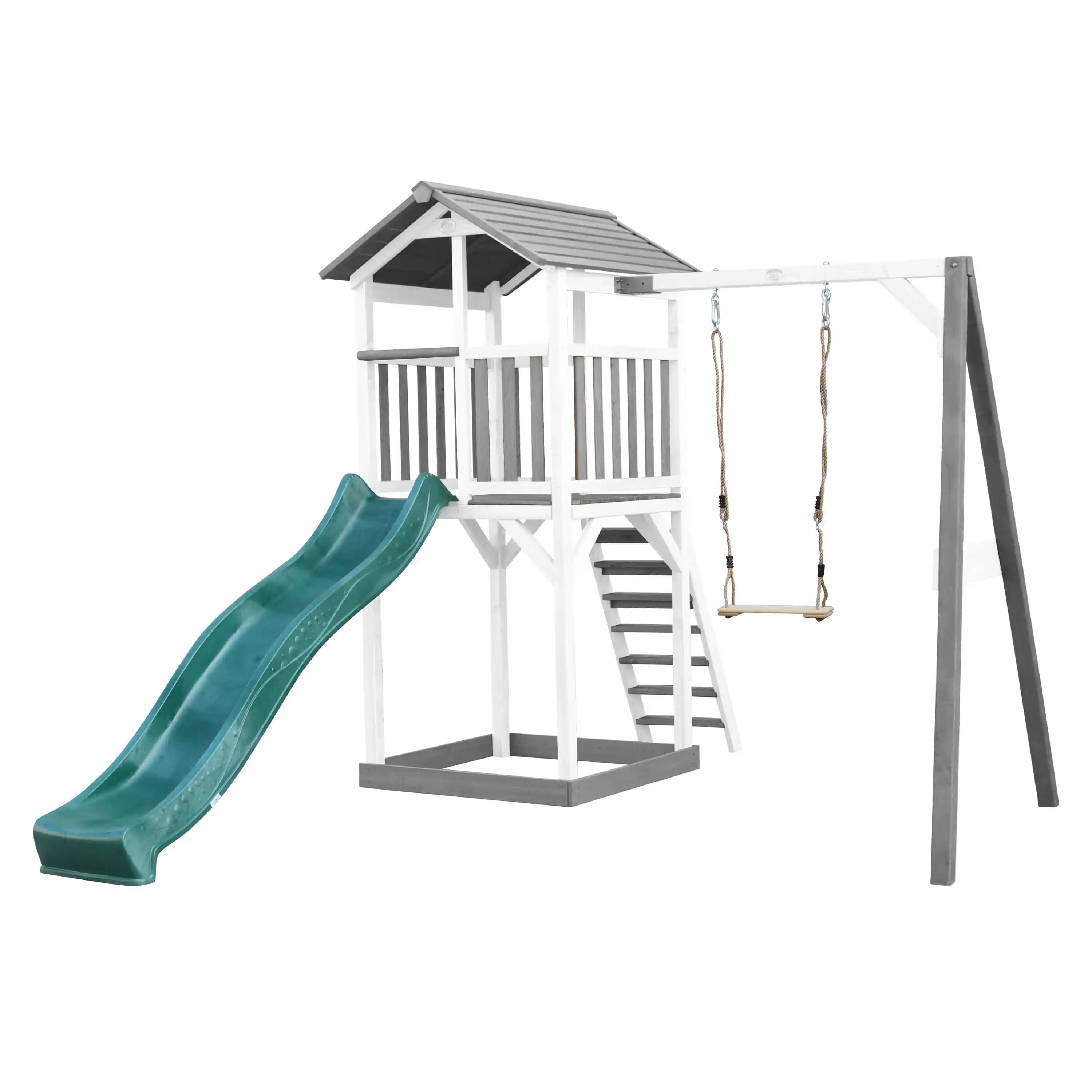 AXI Beach Tower Speeltoren met Enkele Schommel Grijs/wit - Groene Glijbaan