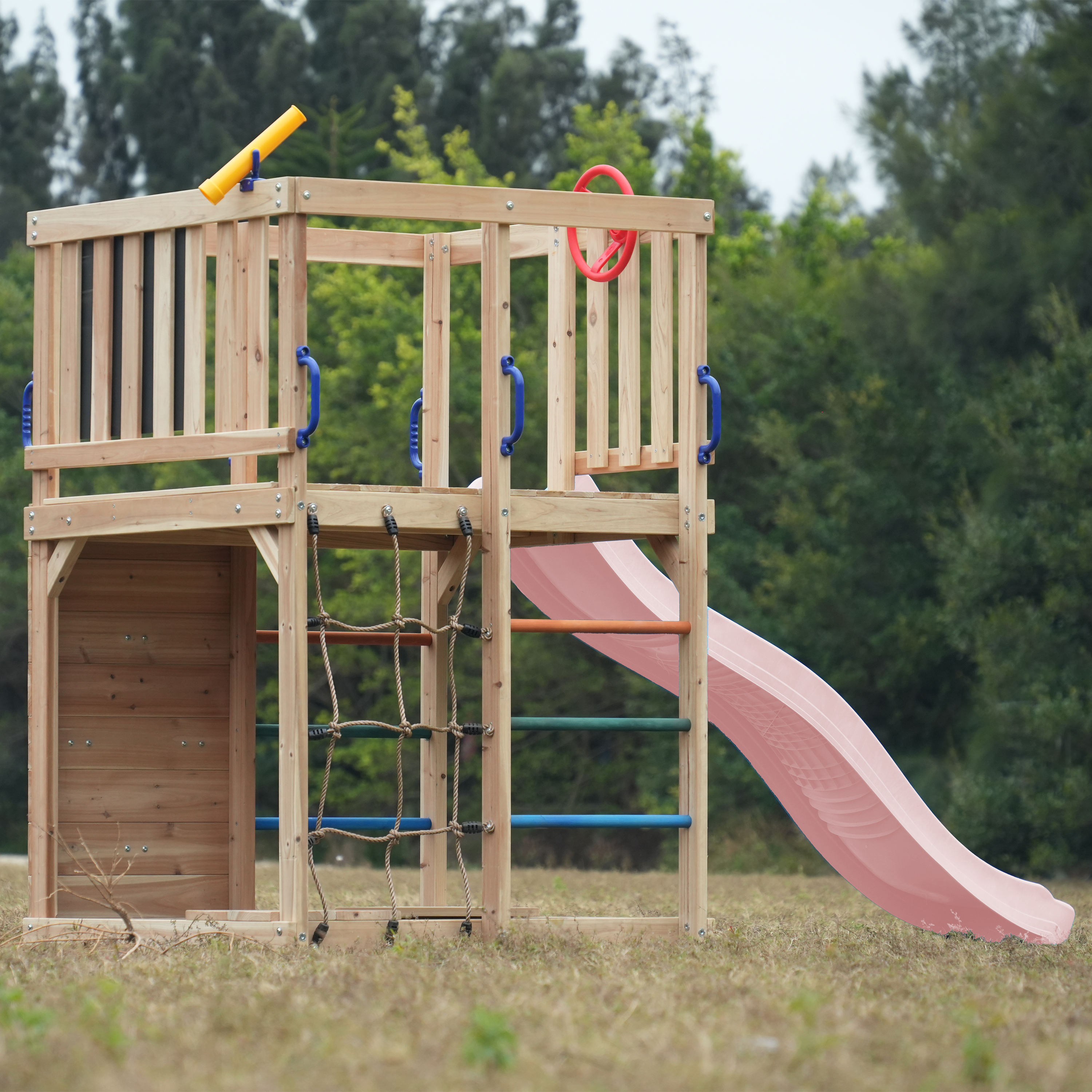 AXI Sam Climbing Frame with Climbing Wall, Climbing Net and Monkey Bars – Pastel Pink Slide