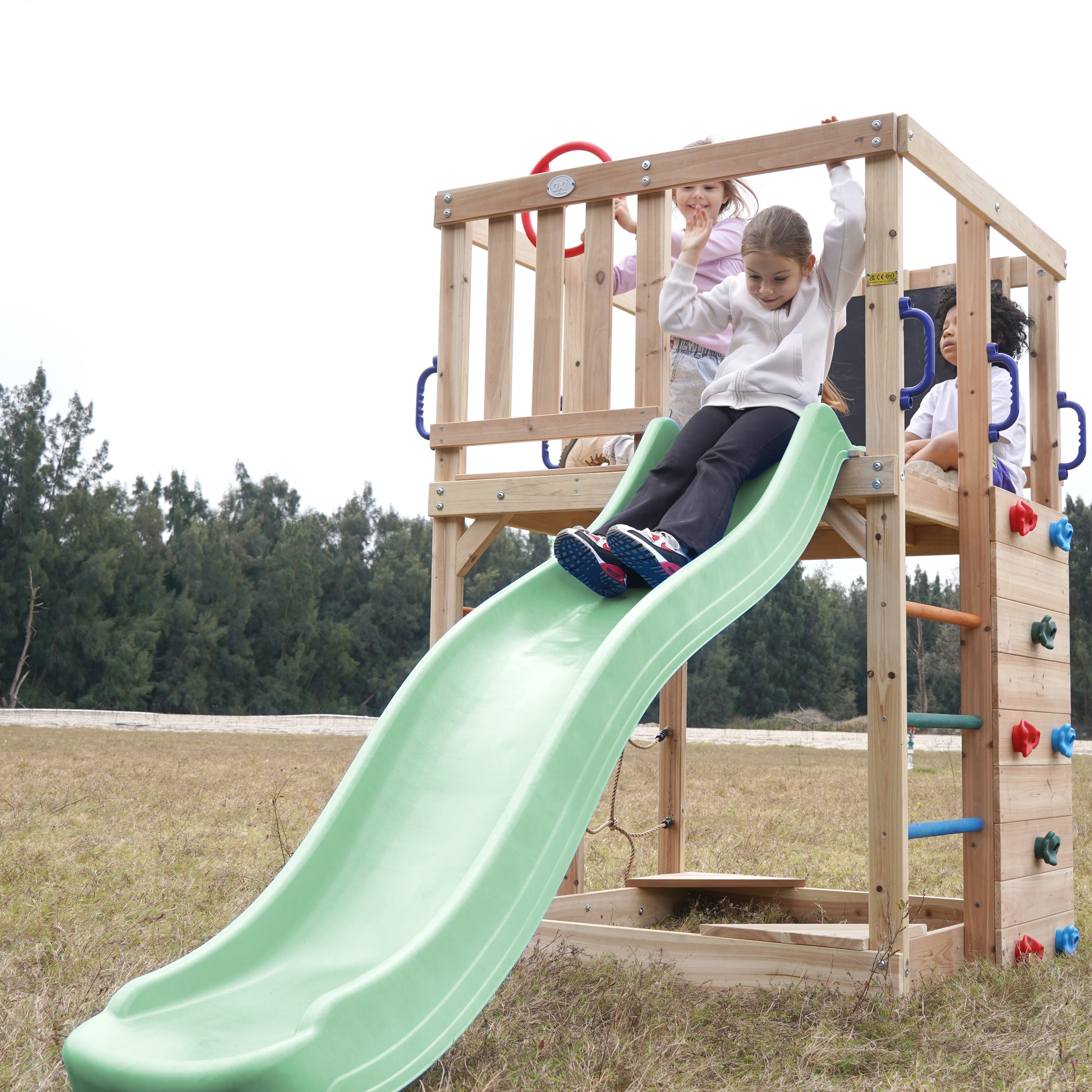 AXI Sam Climbing Frame with Climbing Wall, Climbing Net and Monkey Bars – Pastel Green Slide